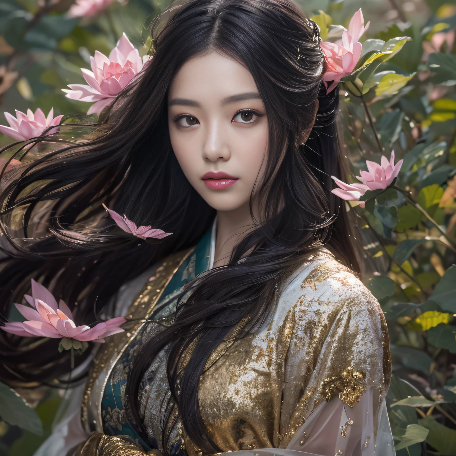 32K(tmasterpiece,k hd,hyper HD,32K)Long flowing black hair,ponds,zydink, a color, Xuzhou people (seductiv), (Flush female bloodshot scarf), Combat posture, looking at the ground, long whitr hair, Floating hair, Carp pattern headdress, Chinese long-sleeved gold silk armor, (Abstract gouache splash:1.2), Pink petal background,Pink and white lotus flowers fly(realisticlying:1.4),Black color hair,Fallen leaves flutter,The background is pure, A high resolution, the detail, RAW photogr, Sharp Re, Nikon D850 Film Stock Photo by Jefferies Lee 4 Kodak Portra 400 Camera F1.6 shots, Rich colors, ultra-realistic vivid textures, Dramatic lighting, Unreal Engine Art Station Trend, cinestir 800,Long flowing black hair,see-through transparent clothes