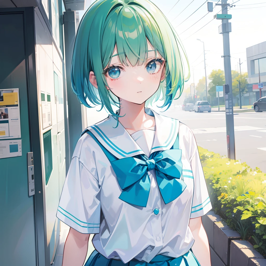 Short green-blue hair and flush bangs,School uniform soft girl,It's a cute little loli,Binary digital capability