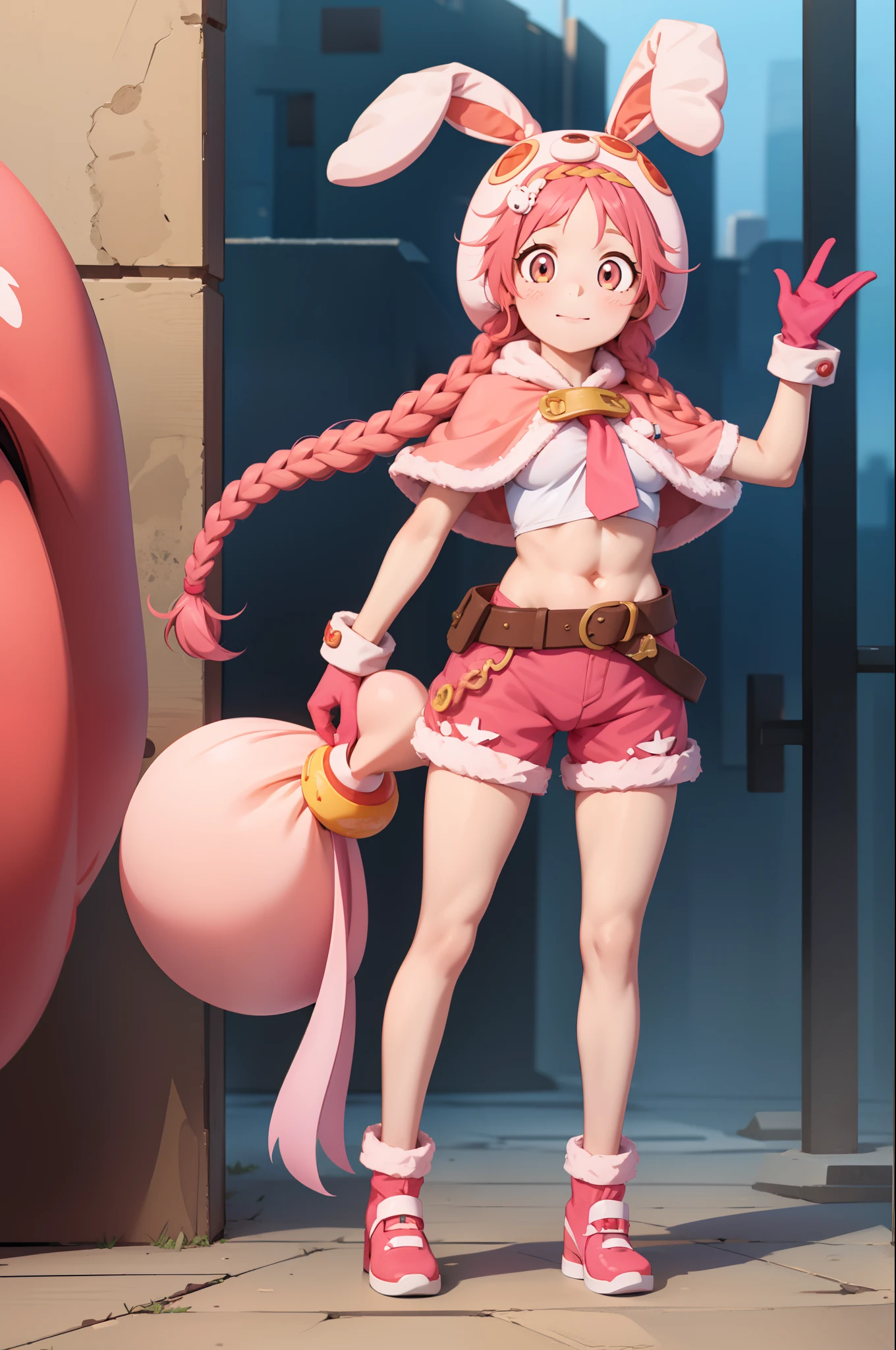 pink hair, long twin braids,  girl, pink short sleeves, red gloves, light orange eyes, rabbit ear hood, blue shorts, belt, pink cape, cute, high quality, huge breast, full body