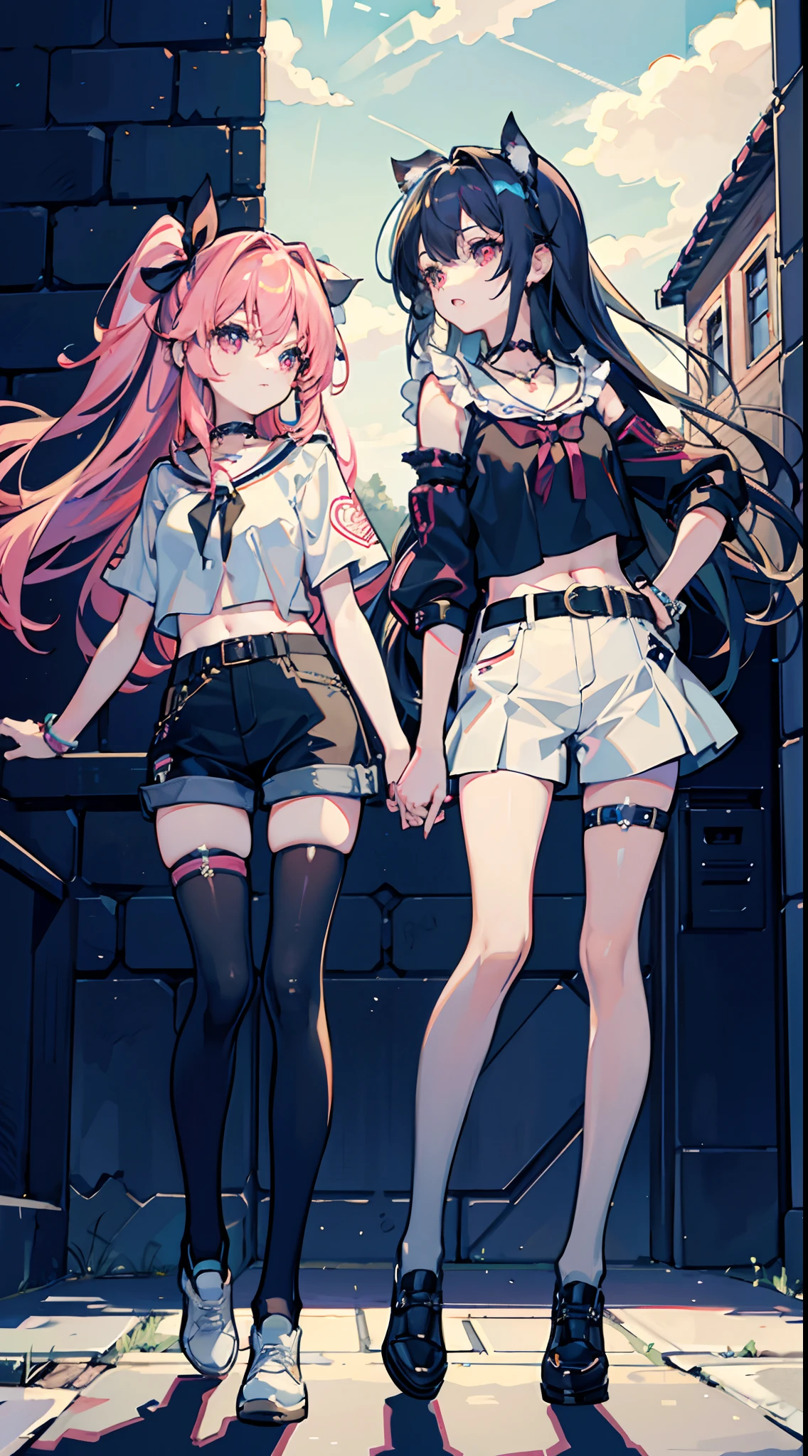 ,twins, Masterpiece,Best quality,offcial art,Extremely detailed Cg Unity 8K wallpaper, 2girls, cute female child, Yuri, hair adornments, Short shorts, Crop top, Pantyhose, ribbon_choker necklace, leg belt,