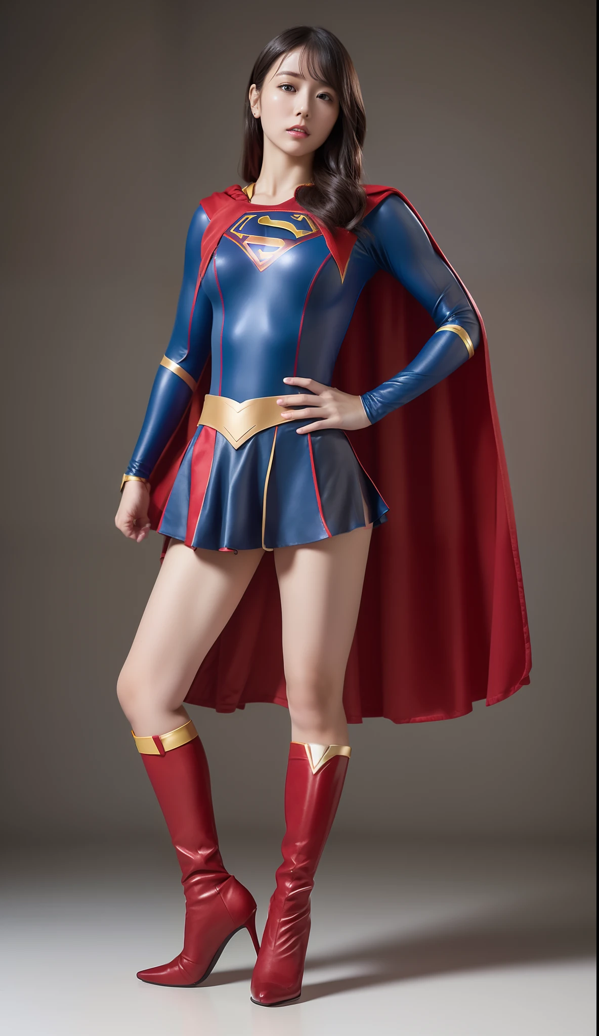 (((Make the most of the original image)))、(((Supergirl Costume)))、(((lustrous dark hair)))、(((Suffering)))、(((The cloak is red)))、((Wearing black stockings))、((Top image quality、8K))、((top-quality、8K、​masterpiece:1.3))、Crisp focus:1.2、Beautiful woman with perfect body shape:1.4、Slender Abs:1.2、((layers-Cut、large boob:1.2))、a wet body:1.5、Highly detailed facial and skin texture、