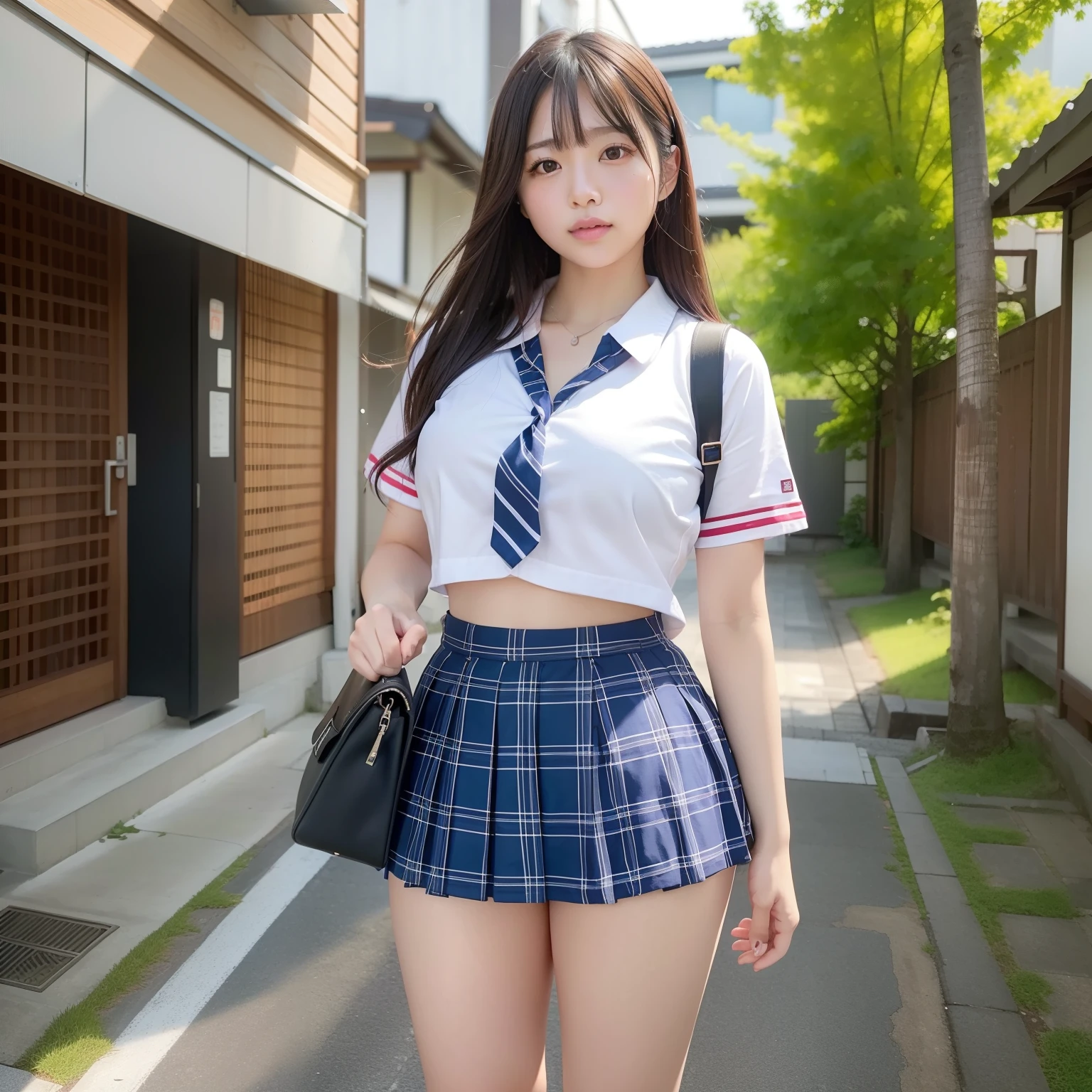 Japanese high school uniform,Wear a short pleated skirt 、Silk panties sticking out、panty shot、focus on panties、soft skin body、ponytail, japanese girl, 8K, huge breasts,full body shot、 highest quality, masterpiece, realistic, Photorealistic super detail, one girl, cute, best smile, beautiful eyes, long hair, perfect face,full body shot