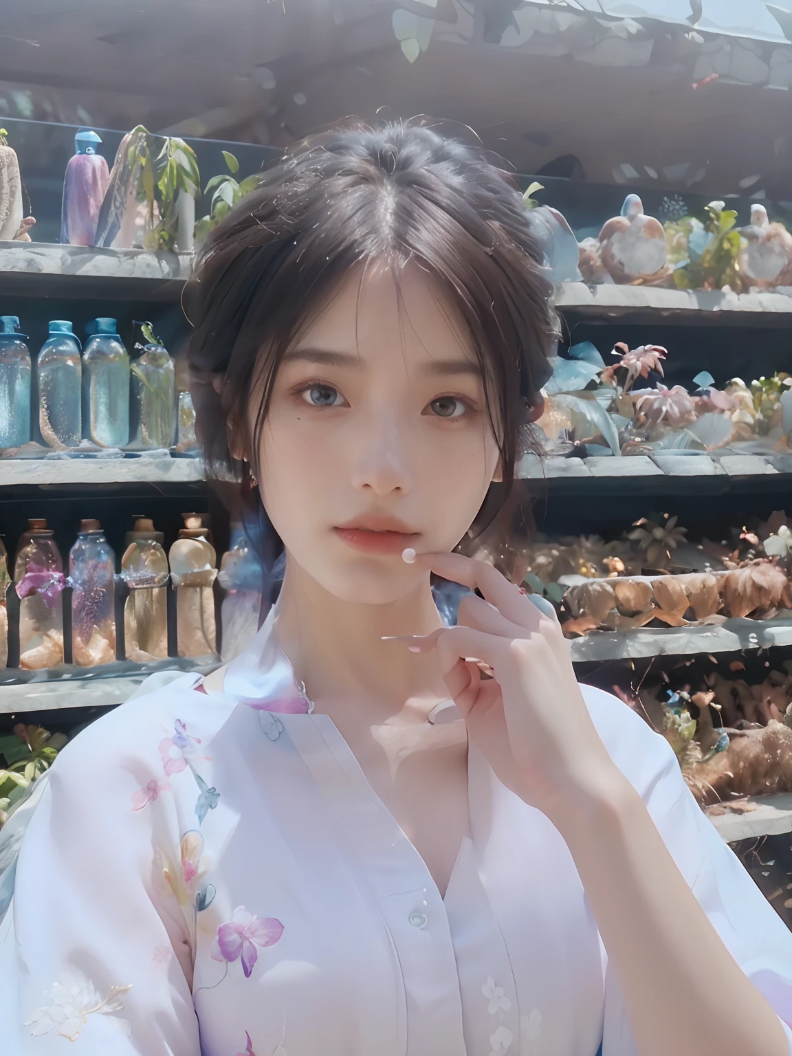 Woman head portrait for fashion photography, 1 girl in blue lush alien rainforest with flowers and birds, fantasy, rendering by octane, hdr, Dolby Vision, (Intricate details, ultra - detailed:1.2), (Natural skin texture, hyper photorealism, Soft light:1.2), fluffy shorts ...