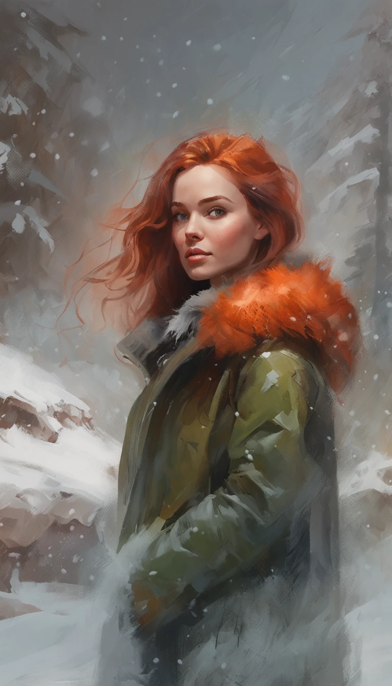 masterpiece, award winning, concept art, centered, highly detailed, 1girl, red wavy hair, green eyes, pretty, hoody, winter outfit, wearing fur coat, cold, snowstorm, snowy mountain background, (epic composition, epic proportion), depth of field, global illumination, reflection, HD
