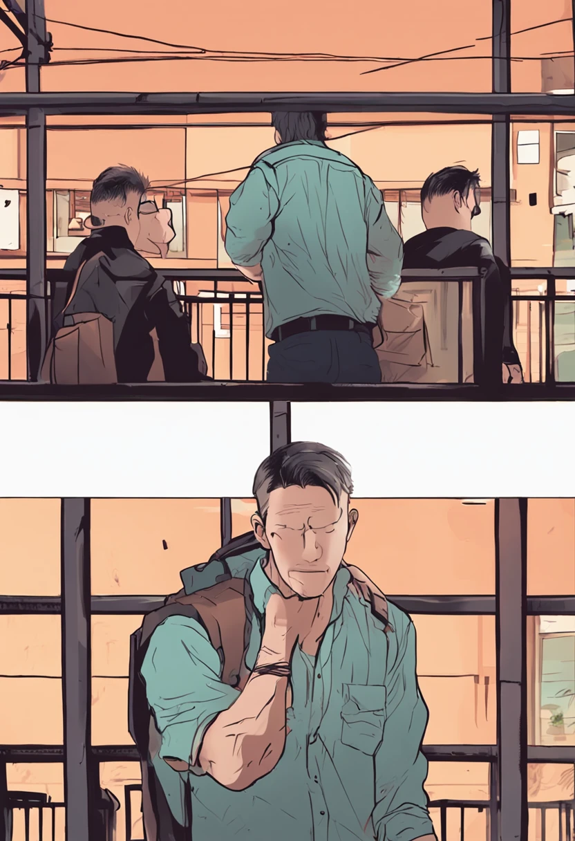 (A man wearing a white T-shirt 1.4) (expression crying 1.5) (standing at the school gate 1.4) (open eyes 1.3) (showing upper body 1.4)