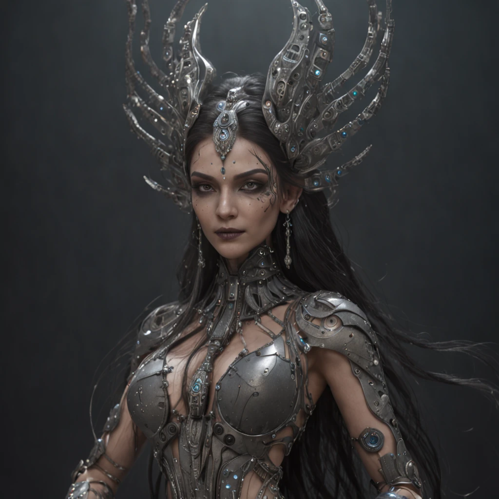 Best quality, Masterpiece, 超高分辨率, (photograph realistic:1.4), Indian cybernetic humanoid goddess ,surrealism, Dream-like, fusionart, Indian goddess mystical humanoids, dark ethereal magic, humanoid dream control, cybernetic stealth, shadow step, dark machine spells, crystal razor blade