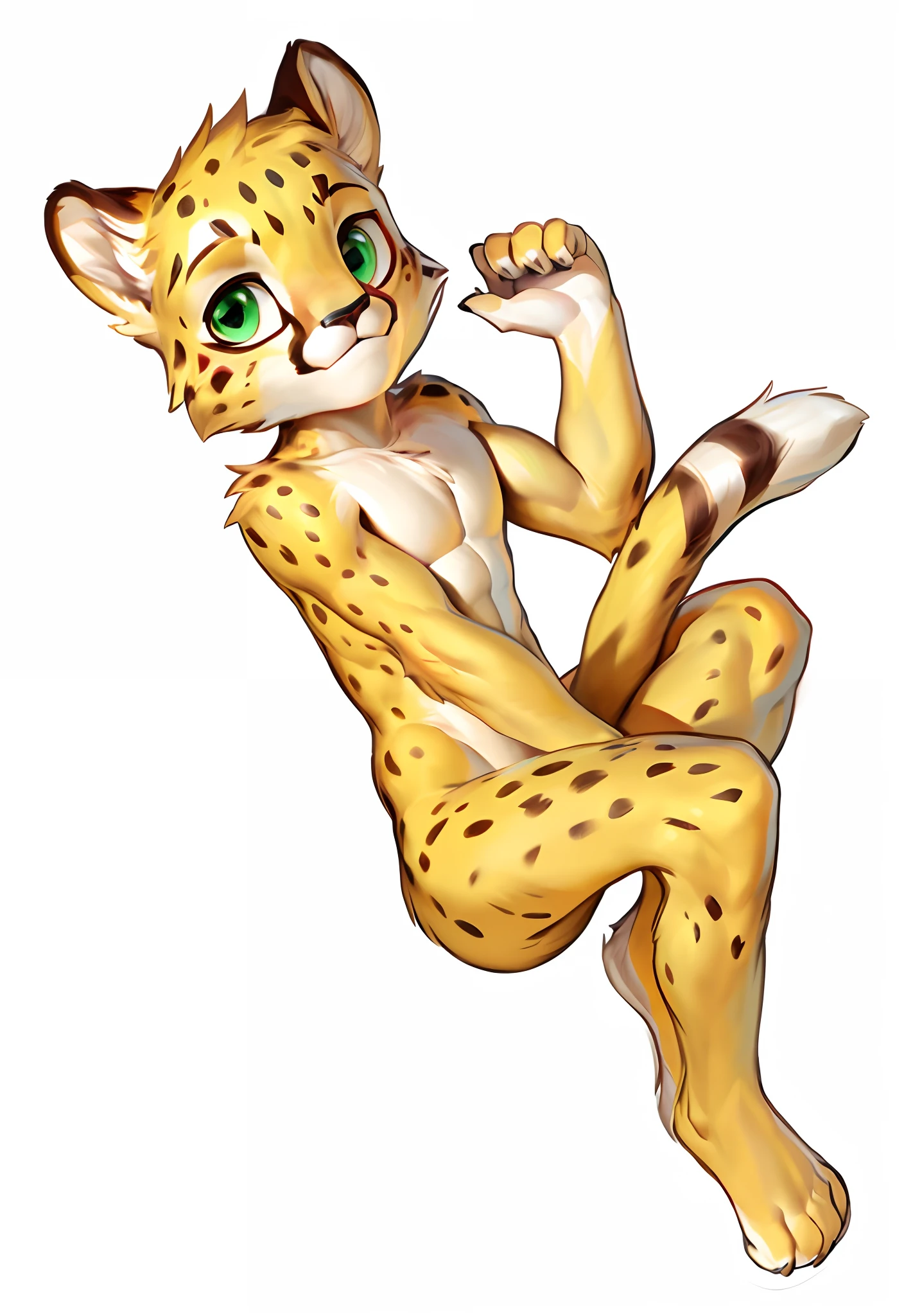 4k, high resolution, best quality, perfect colors, perfect shadows, perfect lighting, posted on e621, (by Chunie), furry, anthro, furry art, ((portrait)), male cheetah, (two-toned fur), furry body, green eyes, (shy face:1.0), fit body, perfect masculine body, ((naked)), (topless), shirtless, visible abs, (lying on the ground), detailed fur, detailed face, perfect face, (climb), white background, cozy environment, ((Bonifasko lighting)), cheetah tail, muscle, blush