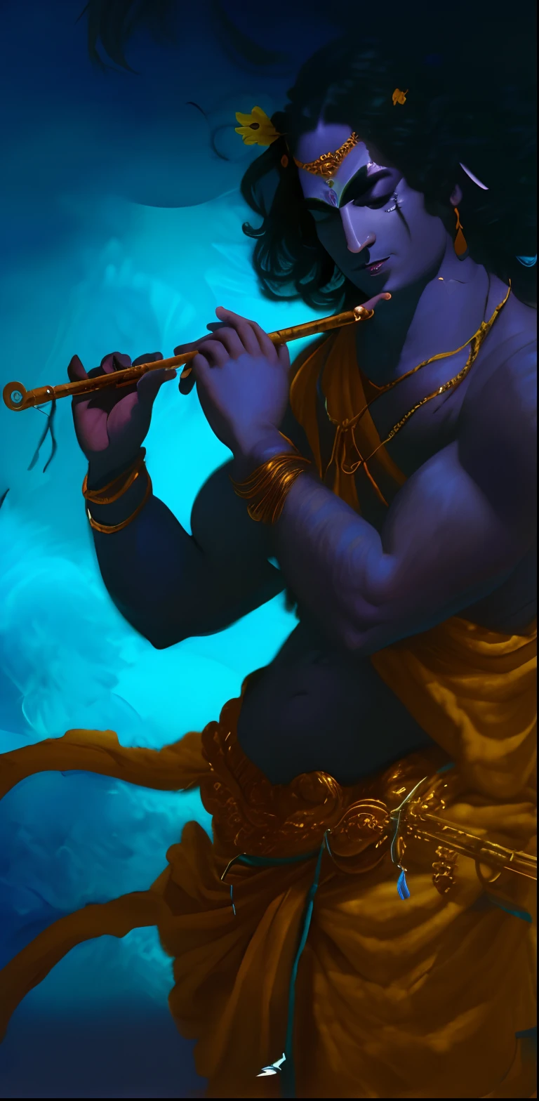 a close up of a painting of a man playing a flute, the god of music, inspired by Kailash Chandra Meher, indian god, hd wallpaper, detailed painting 4 k, by Max Dauthendey, vishnu, godness, divine, Krishna with flute, beautiful Krishna, godrays digital painting, by Saurabh Jethani, mobile wallpaper, blue djinn, hindu god, wallpaper mobile, shiva