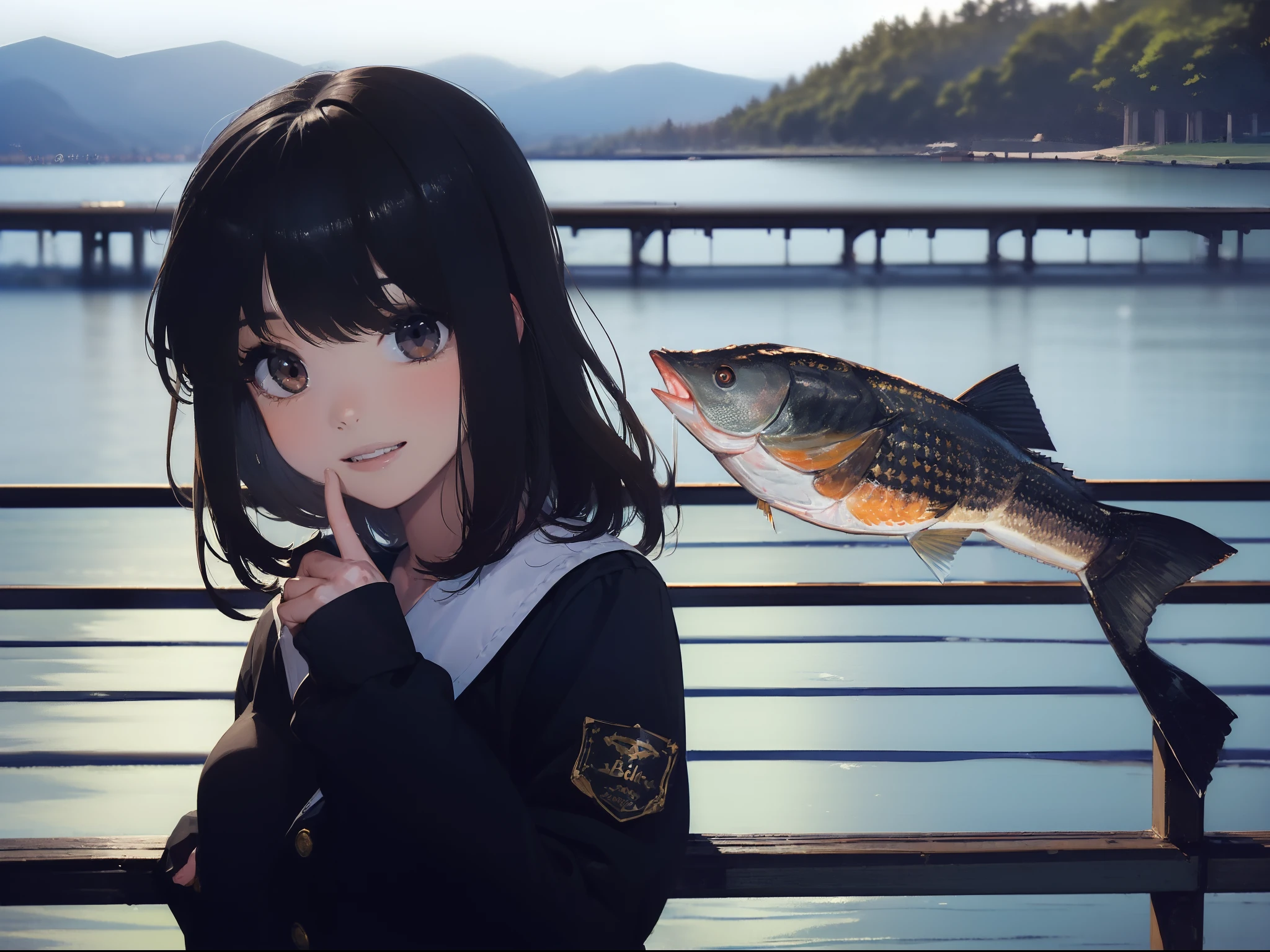 ((((Catch a big black bass by the lake:1.5)))),((1 female 22 years old))((Best Quality, masutepiece :1.5)),(((Hands with the correct number and structure of fingers:1.5))),hight resolution,ultra-detailliert,​masterpiece,best qualtiy,,Black hair, long eyeslashes, Solid Circle Eyes, Smiling Woman, drop shadow, Atmospheric perspective,Super Detail, ccurate, small brest,(Black jacket :1.1),top-quality, blurry backround, bokeh dof:1.2, (​masterpiece:1.3),  Atmospheric perspective,Super Detail,dynamic compositions