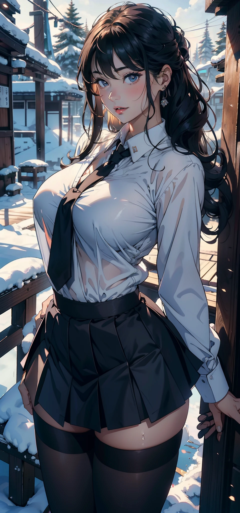 1female，25 age old，Large breasts，Pornographic exposure， 独奏，（Background with：ports，coniferous forest，at winter season，Snow on the ground） with his long black hair， nakeness，比基尼，standing on your feet，Sweat profusely，drenched all over the body，seen from the front， curlies， mostly cloudy sky，（（（tmasterpiece），（Very detailed CG unity 8K wallpaper），best qualtiy，cinmatic lighting，detailed back ground，beatiful detailed eyes，Bright pupils，（Very fine and beautiful），（Beautiful and detailed eye description），ultra - detailed，tmasterpiece，）），facing at camera，A high resolution，ultra - detailed），revealing breasts，Bare genitalia， Bulge，Camel toes，Raised sexy，Flushed complexion，Open-mouthed，frontage，Japanese high school  girl（Wearing：White shirt，black necktie，JK skirt，Pantyhose）