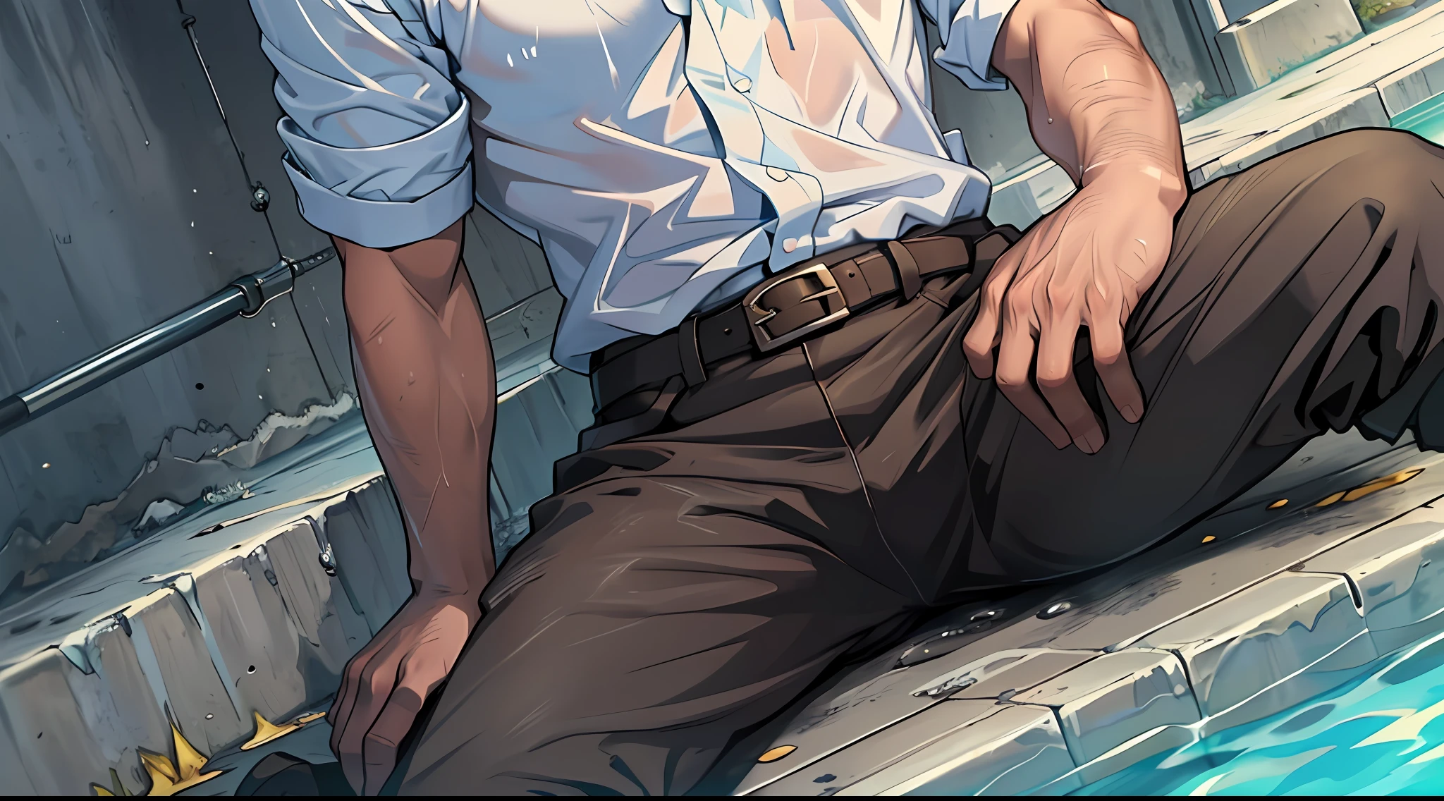 (1 Adult male),A high resolution, Sharp focus, Pixiv masterpiece, ((Complicated details)), highly detailed, natsuki_subaru, 1 man,perfect male figure,Urine on the trouser leg, Nervously bow your head,is shy,embarressed,exhilarated,is shocked,panicking,worry,A pool of urine formed around him,Very eager to pee,Unbearable,Wet yourself,Urine discharge,full bodyesbian,sit astride,Tired,decadent, blue color eyes(eyes glowing), Short yellow hair,white shirt,Wear a tie,Wear a belt,trousers,perspire,Drenched,Get wet,pissing,urine flows down the pants,look from down