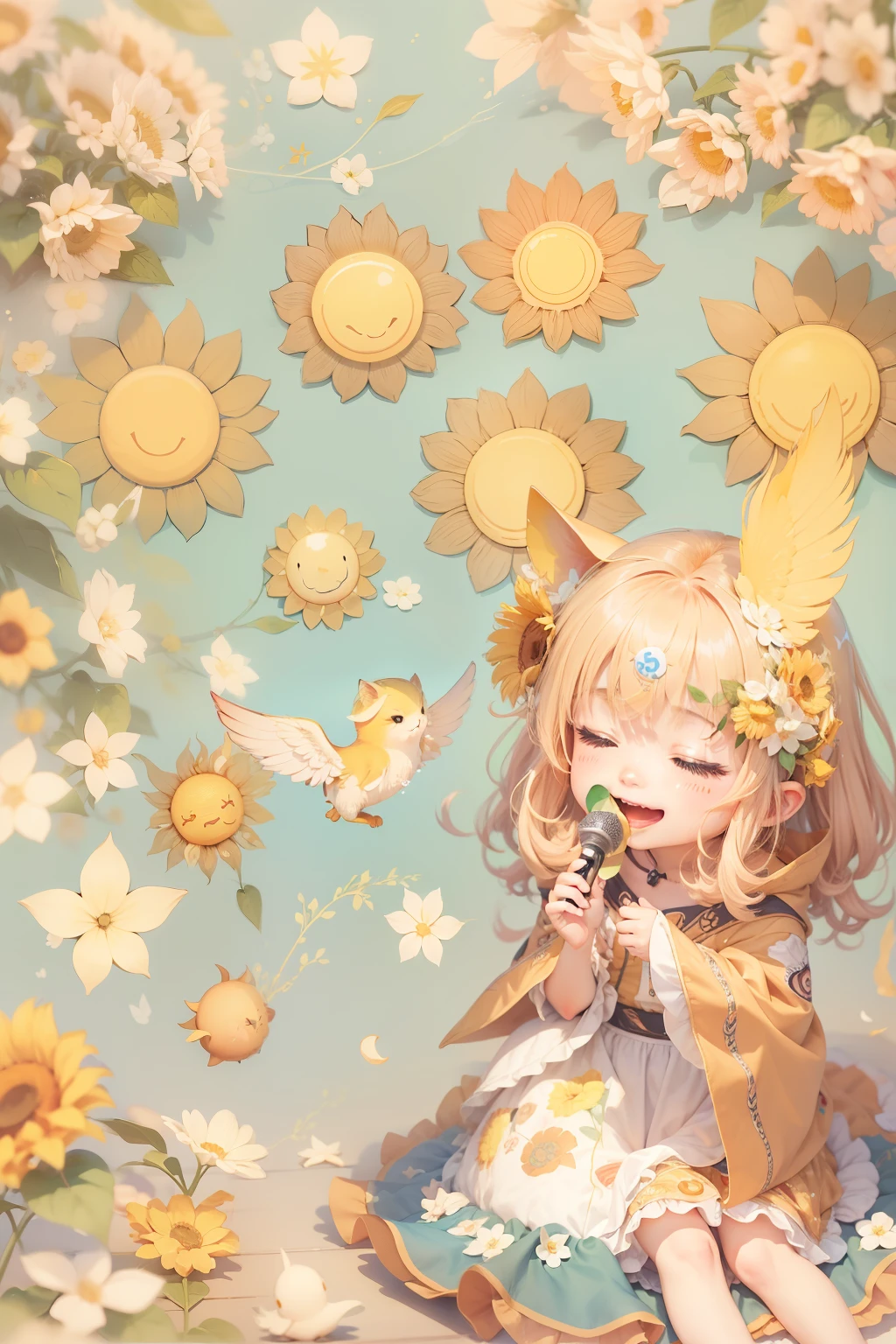ong 、Sun flower、Angel and Kiss、kawaii、animesque、splatters、laugh、play、sings、ong