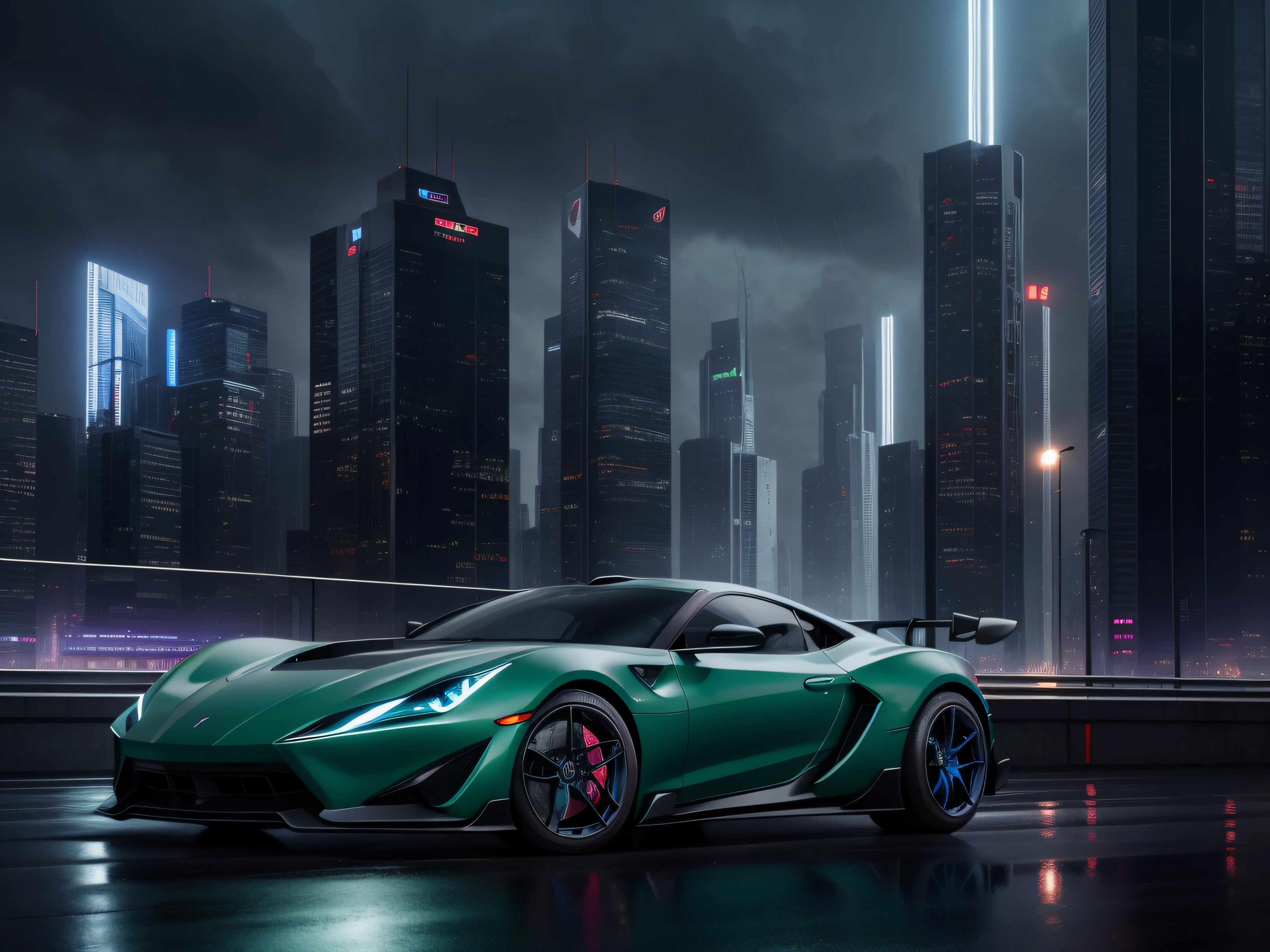 Sports car moves quickly between large buildings of a futuristic and dystopian city. Grandes letreros publicitarios iluminan bajo la lluvia la ciudad. Todo en tonos azules, verdes, violetas, anarnjados por el atardecer. Hiperrealista, 8K, Long shutter style.