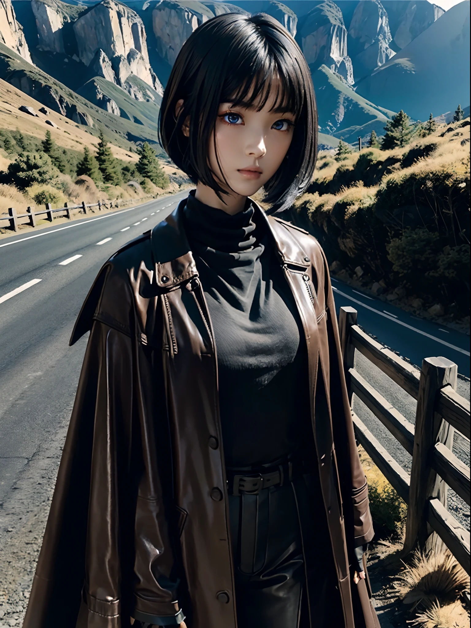 (((1womanl)))、masutepiece、top-quality、from the front side, full body Esbian、mind-blowing detail、Very small face、Beautiful black hair short layered hair bouncing inside、Seeing with keen eyes、Slender eyes| (Black eyes| Pupils have、There is a thin ring that glows blue like an LED.....)、Long upper eyelashes、beautiful double eyelid、thin lips、a closed mouth、Highly detailed white skin、Perfect super slender figure、Sheer breast、trench coat| (Light brown leather、tight fitted)、turtle neck| Black knitwear、short gloves| Black leather、Black slacks、long boots| Black knitting、Film Lighting、Low saturation、film grains、On asphalt on a mountain road、perfect-composition、Large blurry background with large aperture zoom lens