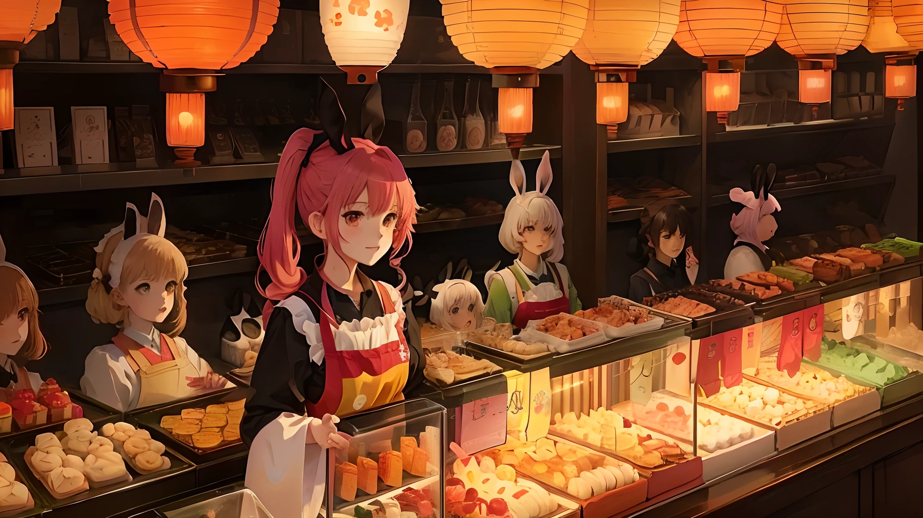 Anime characters lined up in the candy house,Lots of cute little bunnies in the house, move, cute bakery shop, Anime style illustration,