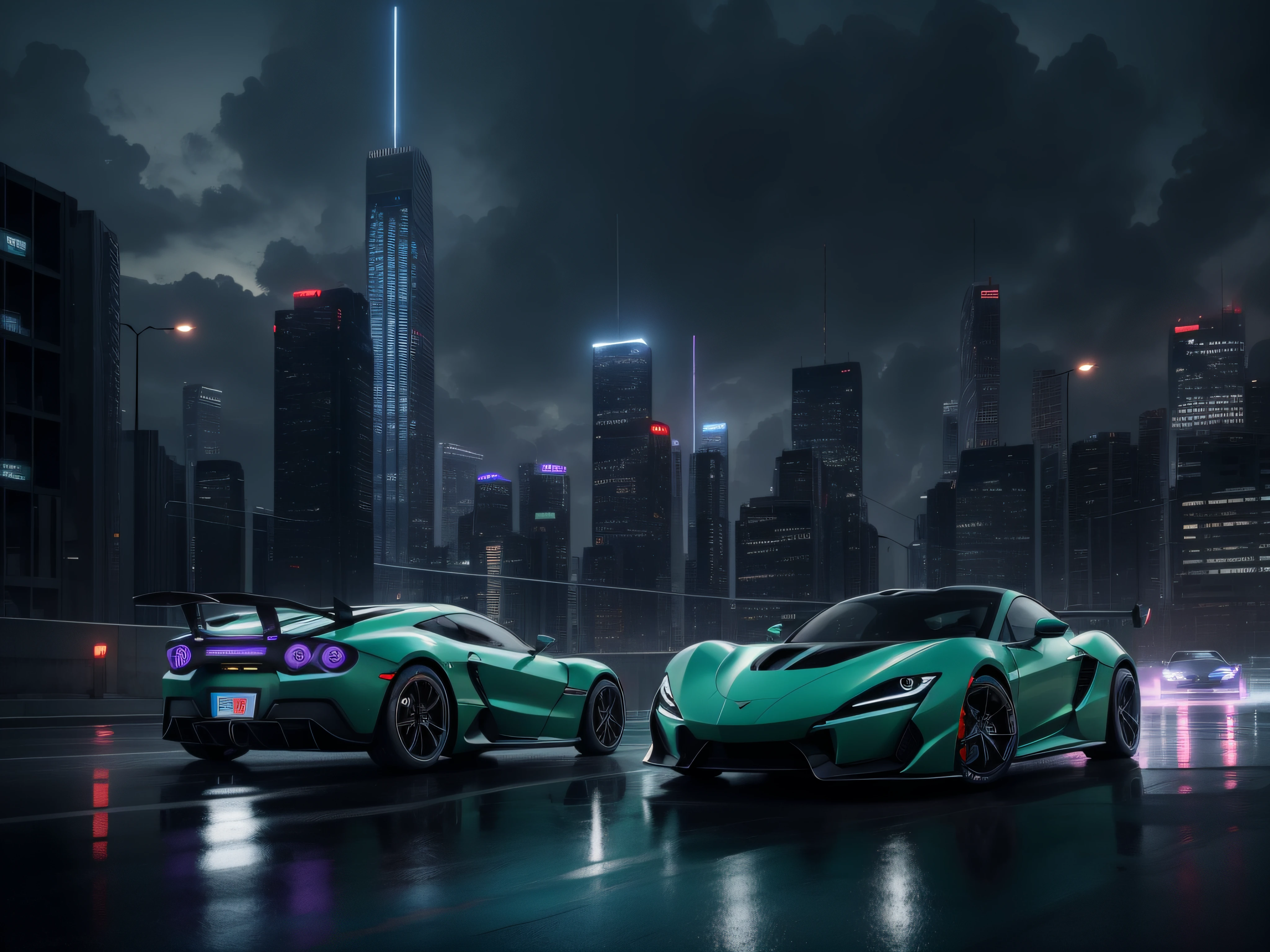 Sports car moves quickly between large buildings of a futuristic and dystopian city. Grandes letreros publicitarios iluminan bajo la lluvia la ciudad. Todo en tonos azules, verdes, violetas, anarnjados por el atardecer. Hiperrealista, 8K, Long shutter style.