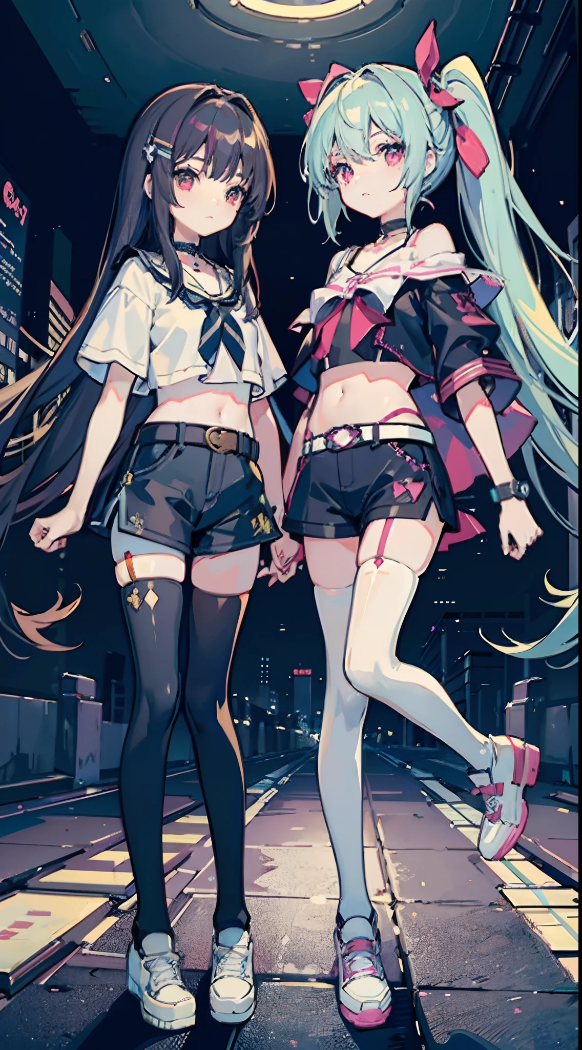 ,twins, Masterpiece,Best quality,offcial art,Extremely detailed Cg Unity 8K wallpaper, 2girls, cute female child, Yuri, hair adornments, Short shorts, Crop top, Pantyhose, ribbon_choker necklace, leg belt,