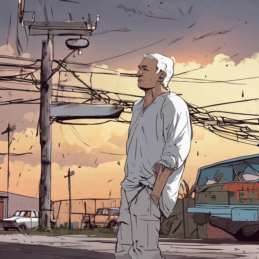 (A man wearing a white T-shirt 1.4) (expression crying 1.5) (standing at the school gate 1.4) (open eyes 1.3) (showing upper body 1.4)