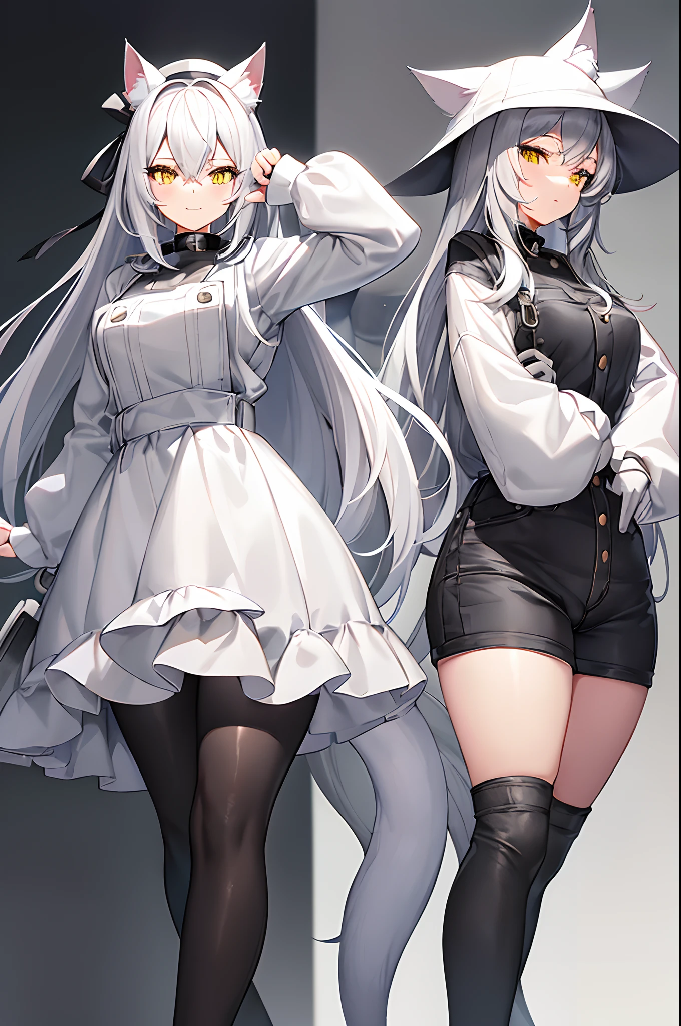 a gray haired cat girl with a cat tail, wearing a complete white cat hat with a brim, white long sleeves, light gray denim overalls, black gloves, black boots, a cute winking face, no human ears, medium breasts, yellow eyes, wearing a black collar, on a complete gray background, doing a pose