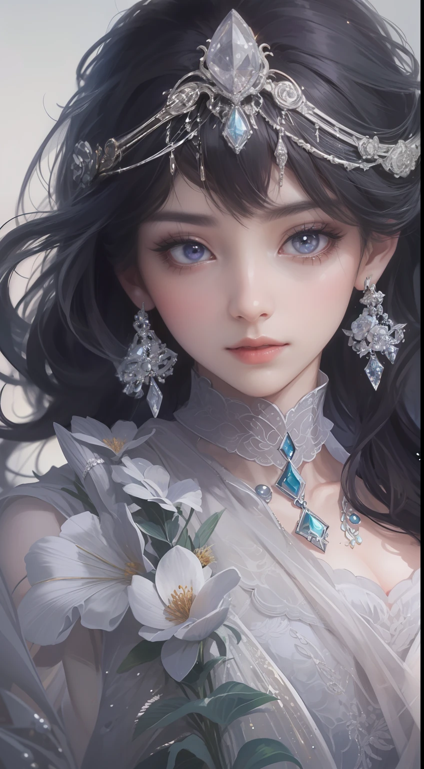 tmasterpiece，Highest high resolution，Dynamic bust of beautiful aristocratic maiden，Jet black hair is elegantly coiled，Purple clear eyes，The hair is covered with beautiful and delicate floral craftsmanship, Crystal jewelry filigree，Ultra-detailed details，upscaled。