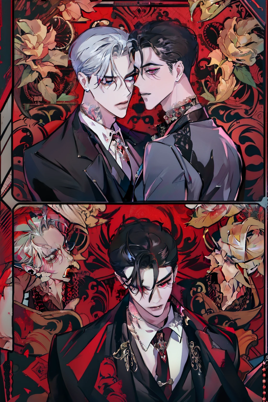 Mafia Noir Casino Gambling Bar Vampire dominant alpha gay couple macho sexy handsome demon adult men with tattoos big chest big abs slicked back hairstyle smoking red eyes charisma goth ((perfect face structure)) detailed stylized ((handsome male couple)) ((men kissing)) ((perfect eyes))