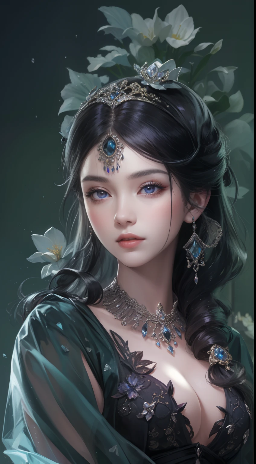 tmasterpiece,Highest high resolution,Dynamic bust of beautiful aristocratic maiden,Jet black hair is elegantly coiled,Purple clear eyes,The hair is covered with beautiful and delicate floral craftsmanship, Crystal jewelry filigree,Ultra-detailed details,upscaled。