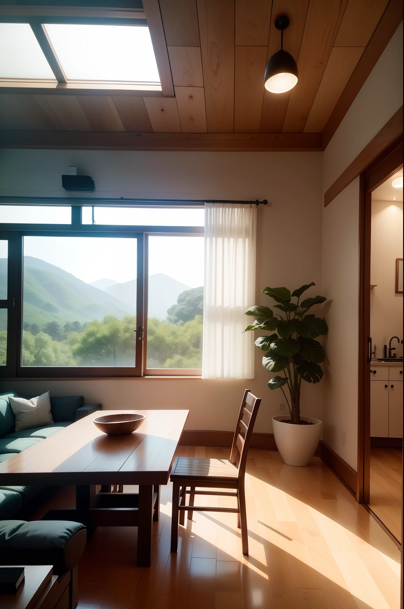 interior design、Insanely detailed wide-angle architectural photo、Cozy contemporary living room、(Bright and warm sunlight 1:0.1)、Award-winning contemporary interior design、landscapes、The table、a chair、in a house、Wooden flooring、window、resturant、east asian east asian architecture、sliding paper doors、abajour、architectural、the woods、naturey、cups、a plant、interior design、Insert lighting and shadows、depth of fields、low illuminance