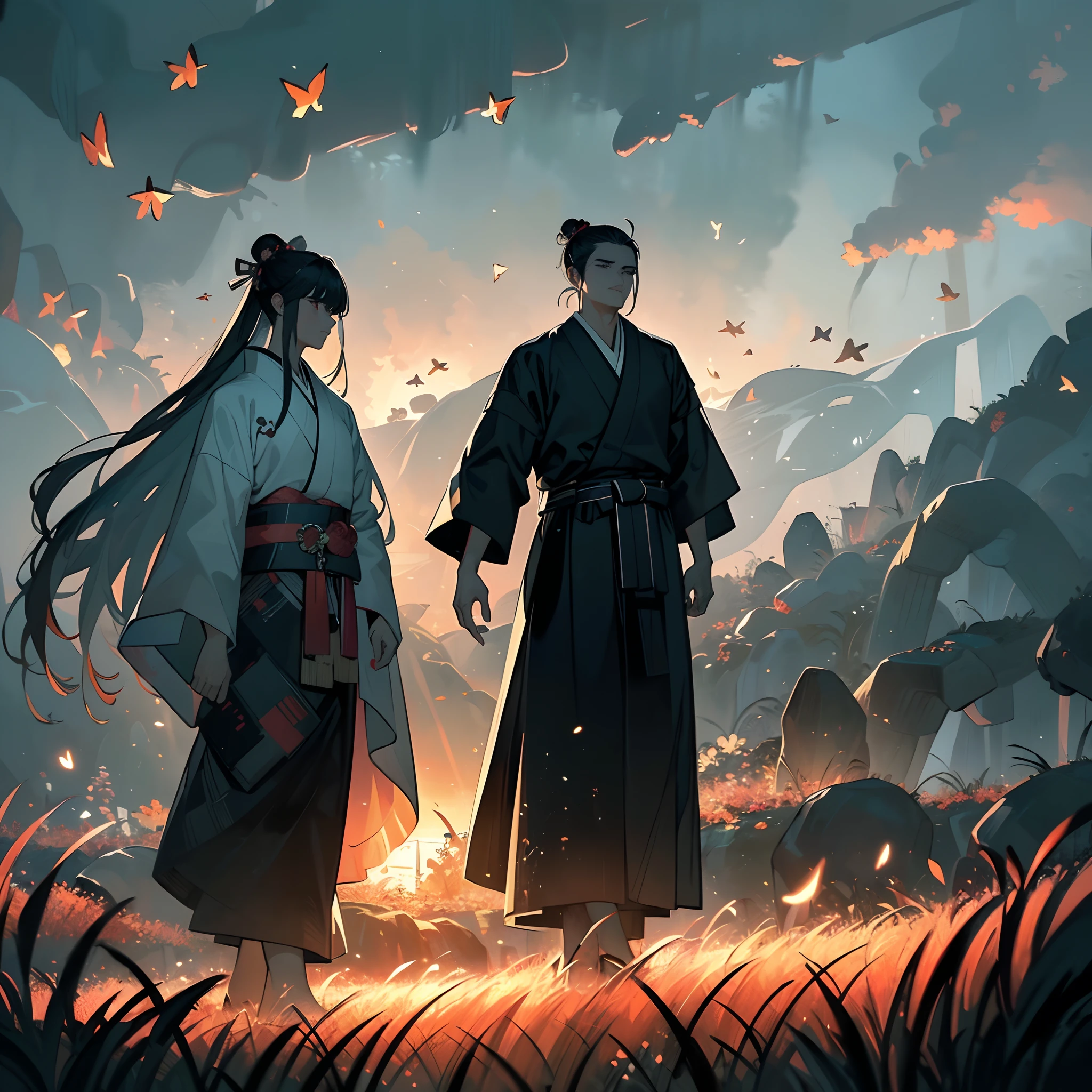 (8k wallpaper:1.2),(Ultra-high resolution:1.2),(masterpiece:1.1),wallpaper,High quality,masterpiece,(High detail),1man, samurai man bun hairstyle,long hair, wearing Ronin armour, (ghost of tushima), walking through a field of grass, Japanese master swordsman,katana on waist, simple white background, wallpaper 8k, HD quality,