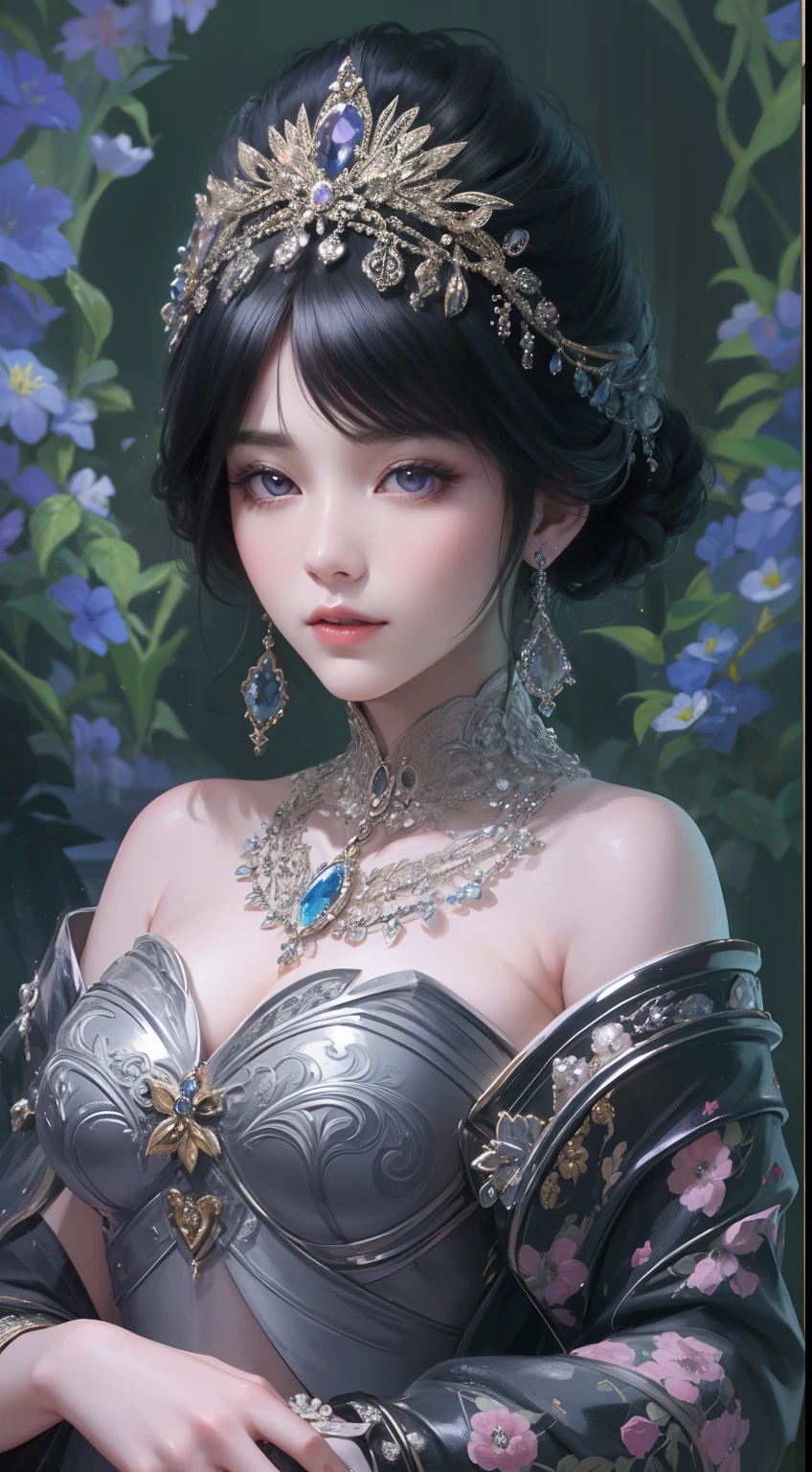 tmasterpiece,Highest high resolution,Dynamic bust of beautiful aristocratic maiden,Jet black hair is elegantly coiled,Purple clear eyes,The hair is covered with beautiful and delicate floral craftsmanship, Crystal jewelry filigree,Ultra-detailed details,upscaled。