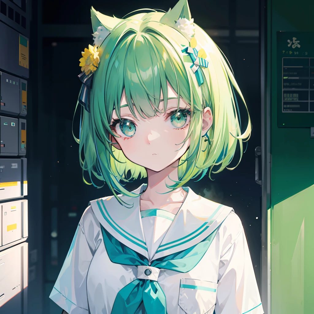 Short green-blue hair and flush bangs，Light green with white school uniform soft girl，There are yellow ornaments on the head，She is a cute little li，Binary numeric functionality