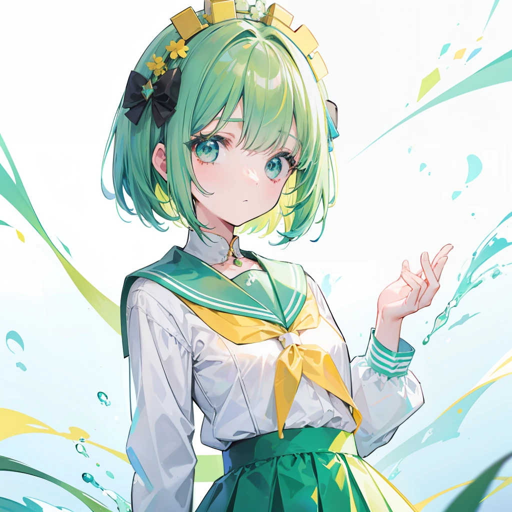 Short green-blue hair and flush bangs,Light green with white school uniform soft girl,There are yellow ornaments on the head,She is a cute little li,Binary numeric functionality