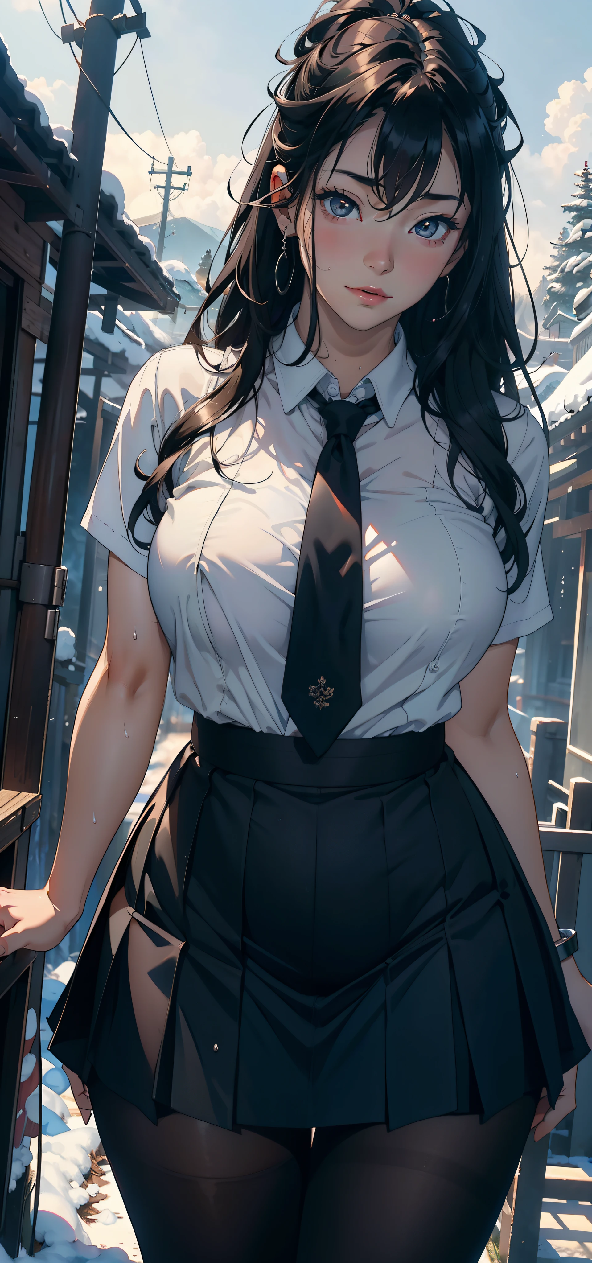 1female,25 age old,Large breasts,Pornographic exposure, 独奏,(Background with:ports,coniferous forest,at winter season,Snow on the ground) with his long black hair, nakeness,比基尼,standing on your feet,Sweat profusely,drenched all over the body,seen from the front, curlies, mostly cloudy sky,(((tmasterpiece),(Very detailed CG unity 8K wallpaper),best qualtiy,cinmatic lighting,detailed back ground,beatiful detailed eyes,Bright pupils,(Very fine and beautiful),(Beautiful and detailed eye description),ultra - detailed,tmasterpiece,)),facing at camera,A high resolution,ultra - detailed),revealing breasts,Bare genitalia, Bulge,Camel toes,Raised sexy,Flushed complexion,Open-mouthed,frontage,Japanese high school girl(Wearing:White shirt,black necktie,JK skirt,Pantyhose)