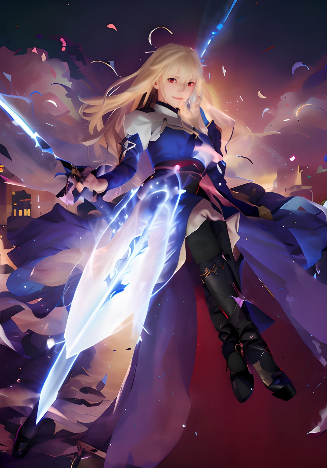 anime girl in a blue dress with a sword in her hand, anime style like fate/Stay Night, Gentle expression、anime goddess, Fate Grand Order, Smiled look、Soft look、made with anime painter studio, epic light novel art cover, ufotable art style, cushart krenz key art feminine, from the azur lane videogame, azur lane style, epic light novel cover art、Full body shot+shoe+Sitting、