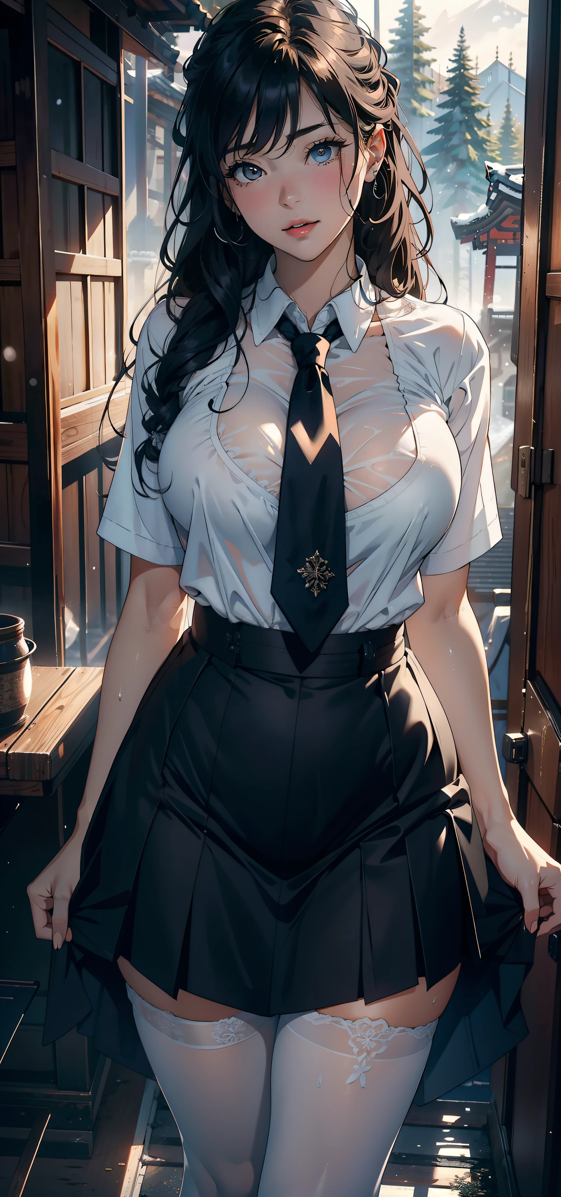 1female,25 age old,Large breasts,Pornographic exposure, 独奏,(Background with:ports,coniferous forest,at winter season,Snow on the ground) with his long black hair, nakeness,比基尼,standing on your feet,Sweat profusely,drenched all over the body,seen from the front, curlies, mostly cloudy sky,(((tmasterpiece),(Very detailed CG unity 8K wallpaper),best qualtiy,cinmatic lighting,detailed back ground,beatiful detailed eyes,Bright pupils,(Very fine and beautiful),(Beautiful and detailed eye description),ultra - detailed,tmasterpiece,)),facing at camera,A high resolution,ultra - detailed),revealing breasts,Bare genitalia, Bulge,Camel toes,Raised sexy,Flushed complexion,Open-mouthed,frontage,Japanese high school girl(Wearing:White shirt,black necktie,JK skirt,Pantyhose)