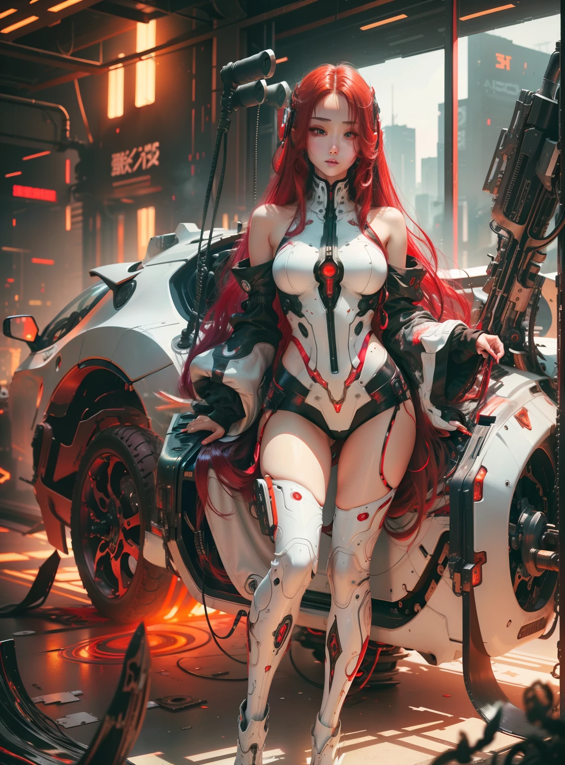 Masterpiece, Best Quality, Girls , Slender, red Eyes, Hair Color, Iridescent, mech body, Long Hair Spreading, cyberpunk guns , White Skin, Medium, Cute, Sexy, Exposed Skin, Night, Psychedelic, Trip, Extreme Color, Paisley Theme, Legs, , Full Body
