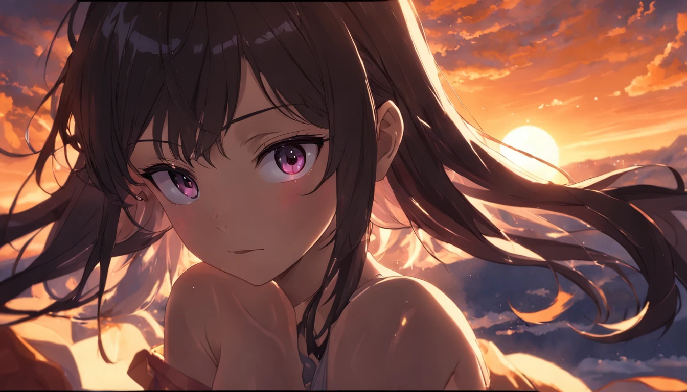 (beautiful girl: 1.3),masterpiece, Highest quality, Ultra-high resolution,Rich contrast,super high quality,8k,Highly detailed CG unit wallpaper,masterpiece:1.2,Ultra-high resolution,RAW Photos,Black Hair,two side up,Long eyelashes, Slanted Eyes,Big eyes,Detailed eyes,Watery eye,vapor,evening,naked,Born as is,Glowing Skin,Natural Makeup,jogging,(Sweat:1.3),Wet,Desert Oasis,((voluptuous)),Silver Spring,Sunset reflection,Please put your feet up,A light smile,(Rear View:1.3),