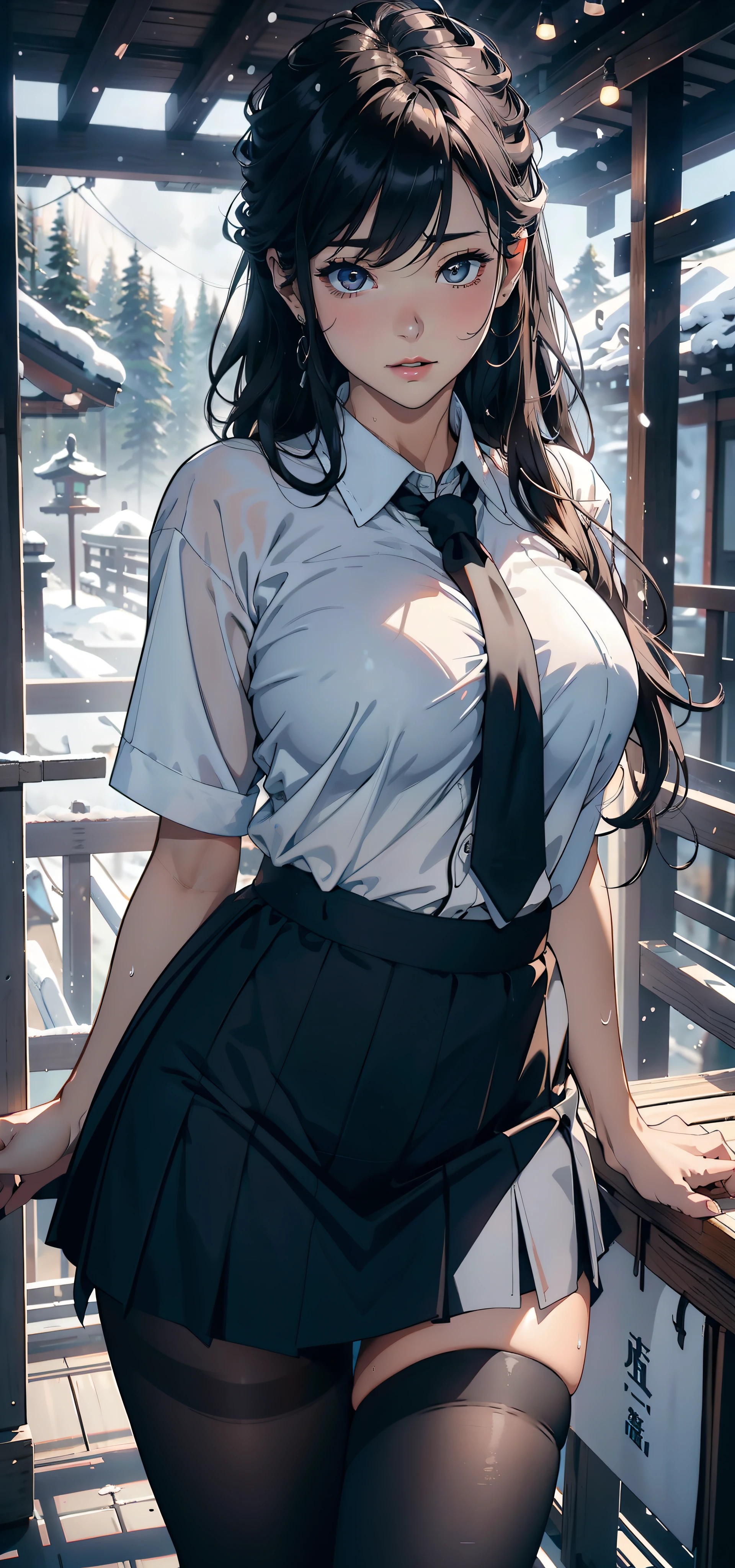 1female，25 age old，Large breasts，Pornographic exposure， 独奏，（Background with：ports，coniferous forest，at winter season，Snow on the ground） with his long black hair， nakeness，比基尼，standing on your feet，Sweat profusely，drenched all over the body，seen from the front， curlies， mostly cloudy sky，（（（tmasterpiece），（Very detailed CG unity 8K wallpaper），best qualtiy，cinmatic lighting，detailed back ground，beatiful detailed eyes，Bright pupils，（Very fine and beautiful），（Beautiful and detailed eye description），ultra - detailed，tmasterpiece，）），facing at camera，A high resolution，ultra - detailed），revealing breasts，Bare genitalia， Bulge，Camel toes，Raised sexy，Flushed complexion，Open-mouthed，frontage，Japanese high school  girl（Wearing：White shirt，black necktie，JK skirt，Pantyhose）