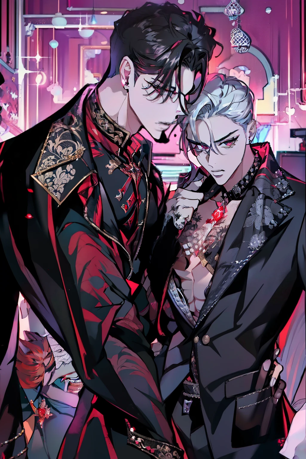 Mafia Noir Casino Gambling Bar Vampire dominant alpha gay couple macho sexy handsome demon adult men with tattoos big chest big abs slicked back hairstyle smoking red eyes charisma goth ((perfect face structure)) detailed stylized ((handsome male couple)) ((men kissing)) ((perfect eyes))