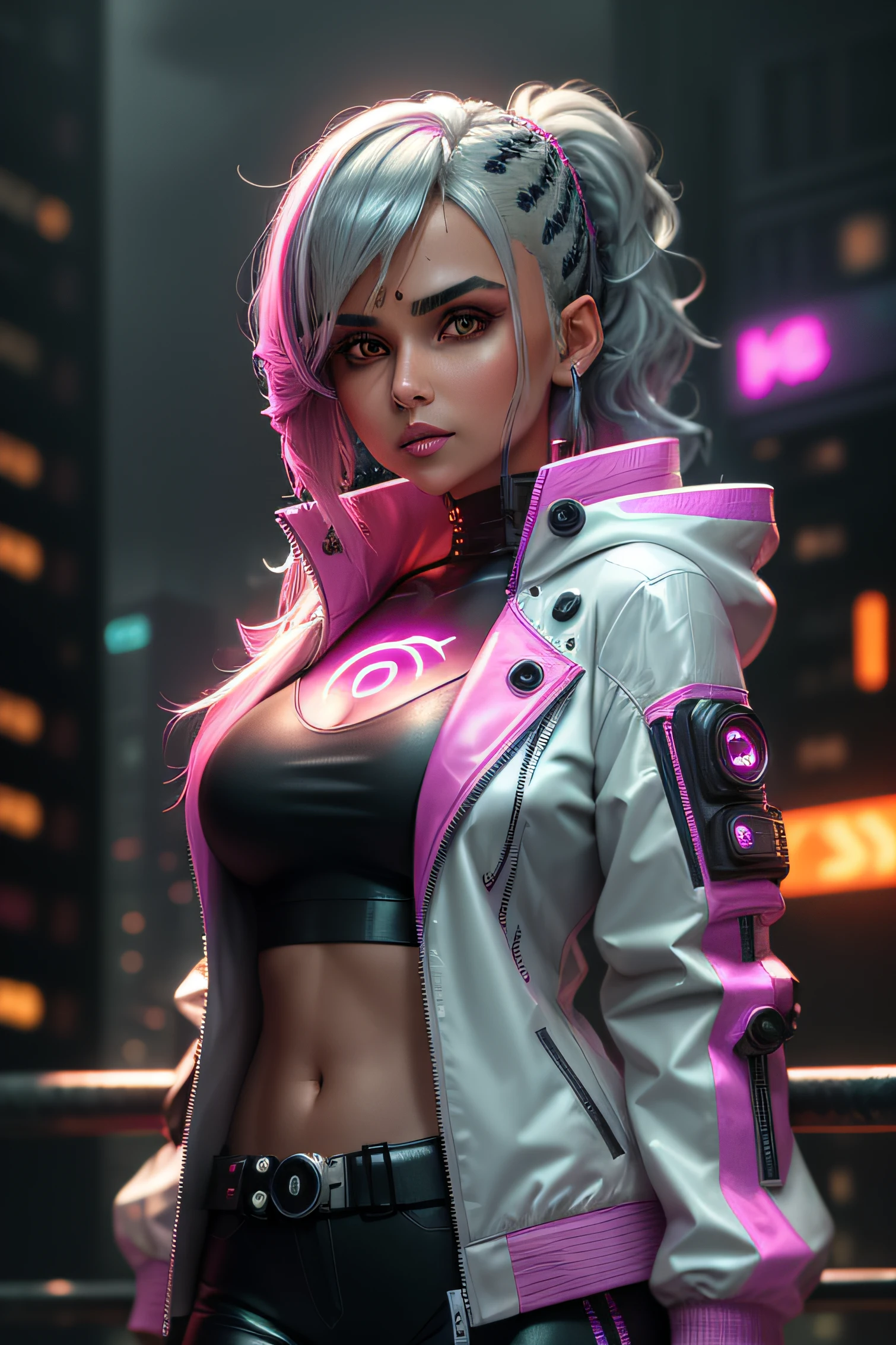 Lara Dutta Bhupathi \(cyberpunk\), 1girl,  hair scrunchie, hime cut, silver hair, colored tips, full moon, grey eyes, jacket, long sleeves, looking at viewer, medium hair, multicolored hair, parted bangs, parted lips, pink hair, portrait, red eyeliner, red lips, solo, white jacket, cyberpunk \(series\), rainy night in a cyberpunk city with glowing neon lights