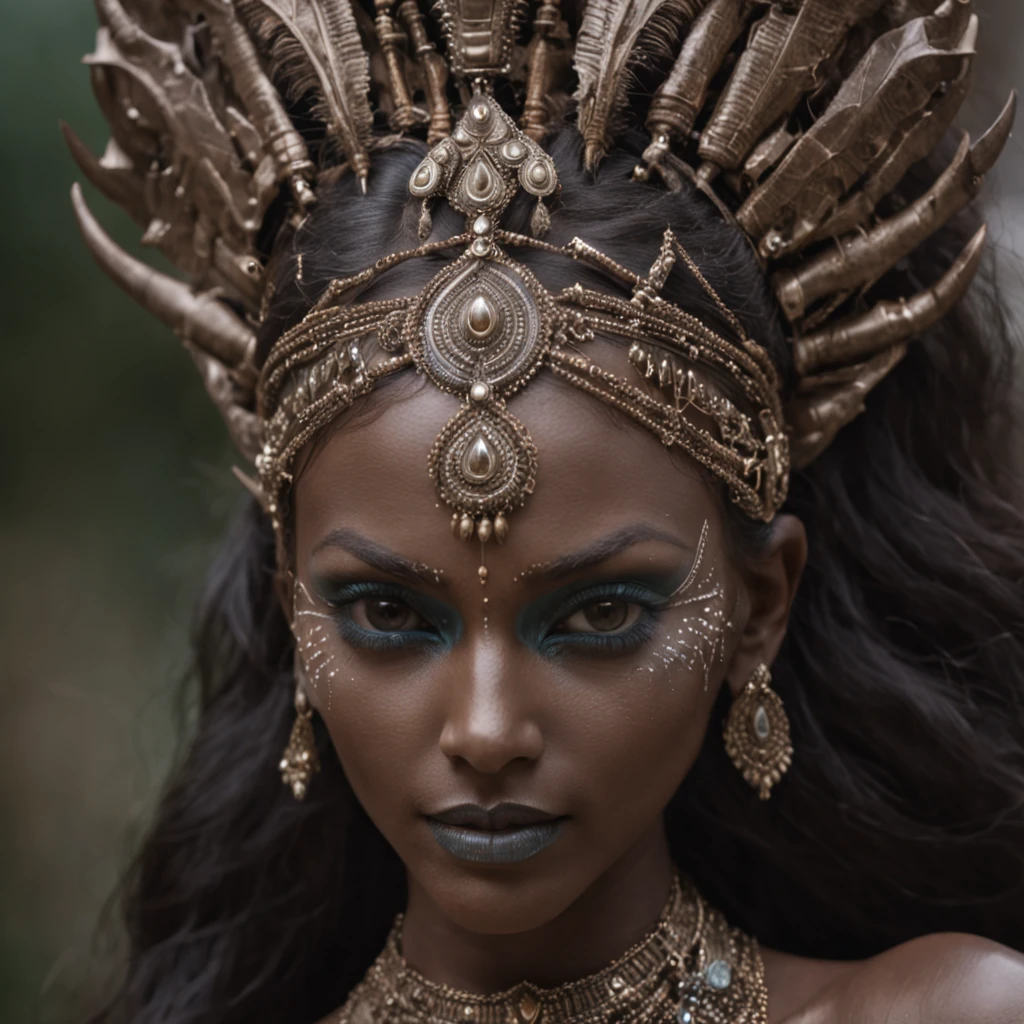 Best quality, Masterpiece, 超高分辨率, (photograph realistic:1.4),brown skinned Indian cybernetic humanoid goddess ,surrealism, Dream-like, fusionart, Indian goddess  mystical humanoids, dark ethereal magic, humanoid dream control, cybernetic stealth, shadow step, dark machine spells, crystal razor blade