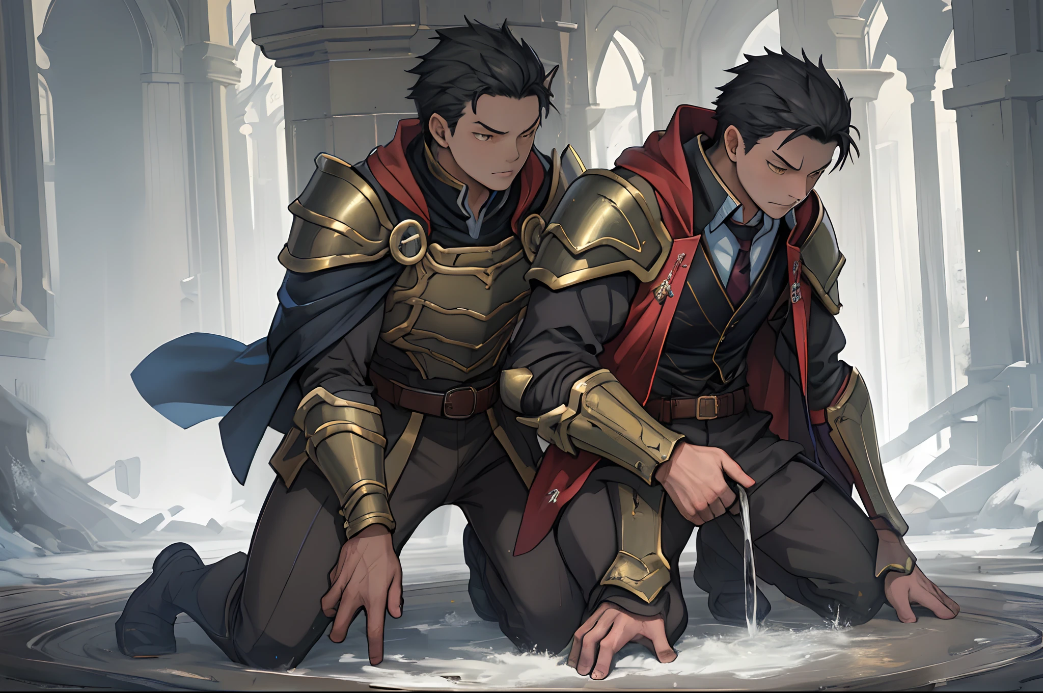 （1 Adult male），A high resolution， Sharp focus， Pixiv masterpiece， （（Complicated details））， highly  detailed， natsuki_subaru， 1 man，Wear tight combat uniforms，Wear armor，perfect male figure，Urine on the trouser leg， Nervously bow your head，is shy，embarressed，exhilarated，is shocked，panicking，worry，A pool of urine formed around him，Very eager to pee，Unbearable，Wet yourself，Urine discharge，full bodyesbian，kneels on the ground，Tired，decadent， Yellow eyes（eyes glowing）， Black hair short hair，Armour，Tie a belt，Cloaked，Cloak，Shoulder armor，perspire，Drenched，Get wet，pissing，urine flows down the pants，look from down