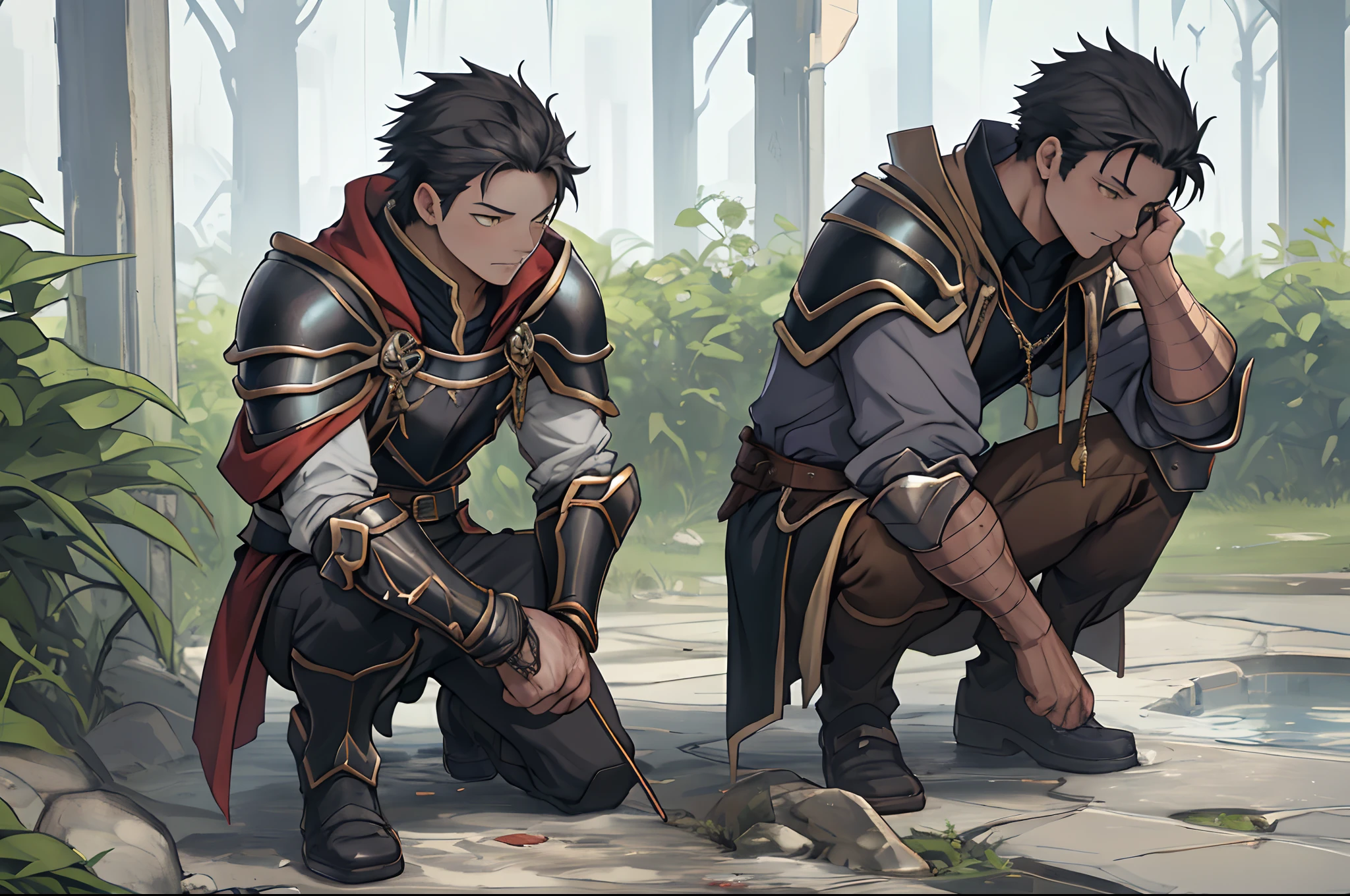 (1 Adult male),A high resolution, Sharp focus, Pixiv masterpiece, ((Complicated details)), highly detailed, natsuki_subaru, 1 man,Wear tight combat uniforms,Wear armor,perfect male figure,Urine on the trouser leg, Nervously bow your head,is shy,embarressed,exhilarated,is shocked,panicking,worry,A pool of urine formed around him,Very eager to pee,Unbearable,Wet yourself,Urine discharge,full bodyesbian,kneels on the ground,Tired,decadent, Yellow eyes(eyes glowing), Black hair short hair,Armour,Tie a belt,Cloaked,Cloak,Shoulder armor,perspire,Drenched,Get wet,pissing,urine flows down the pants,look from down
