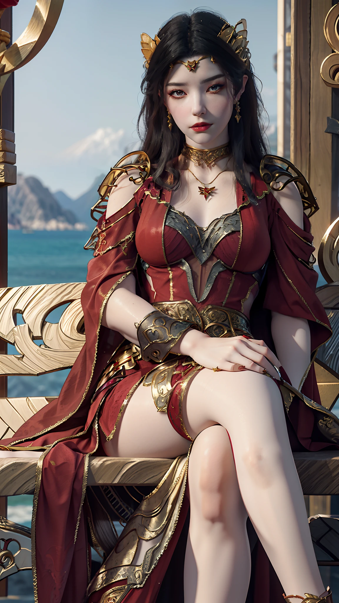 The Araved woman in a dress sits on a red bench by the water, a photorealistic painting inspired by Magali Villeneuve, cgsociety contest winner, Fantasy art, wearing gilded red robes, lady in red armor, wearing gilded red royal robes, Gorgeous Role Play, scarlet witch costume, wearing wizard robes, robe, aly fell and artgerm