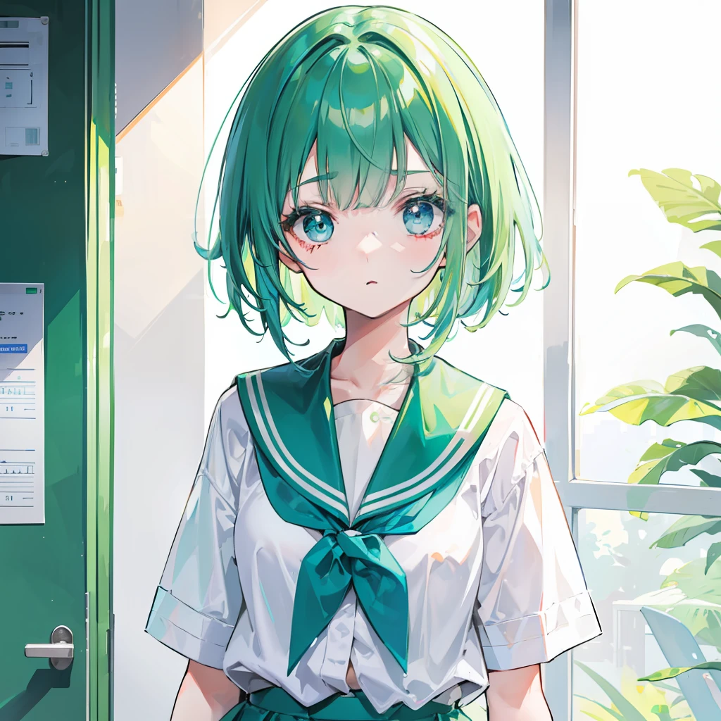 Short green-blue hair and flush bangs,Light green with white school uniform soft girl,It's a cute little loli,Binary numeric functionality