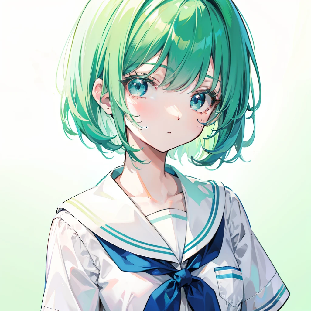 Short green-blue hair and flush bangs,Light green with white school uniform soft girl,It's a cute little loli,Binary numeric functionality