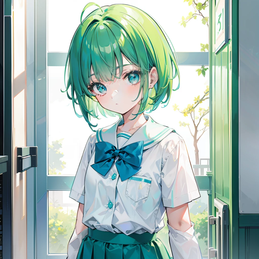 Short green-blue hair and flush bangs,Light green with white school uniform soft girl,It's a cute little loli,Binary numeric functionality
