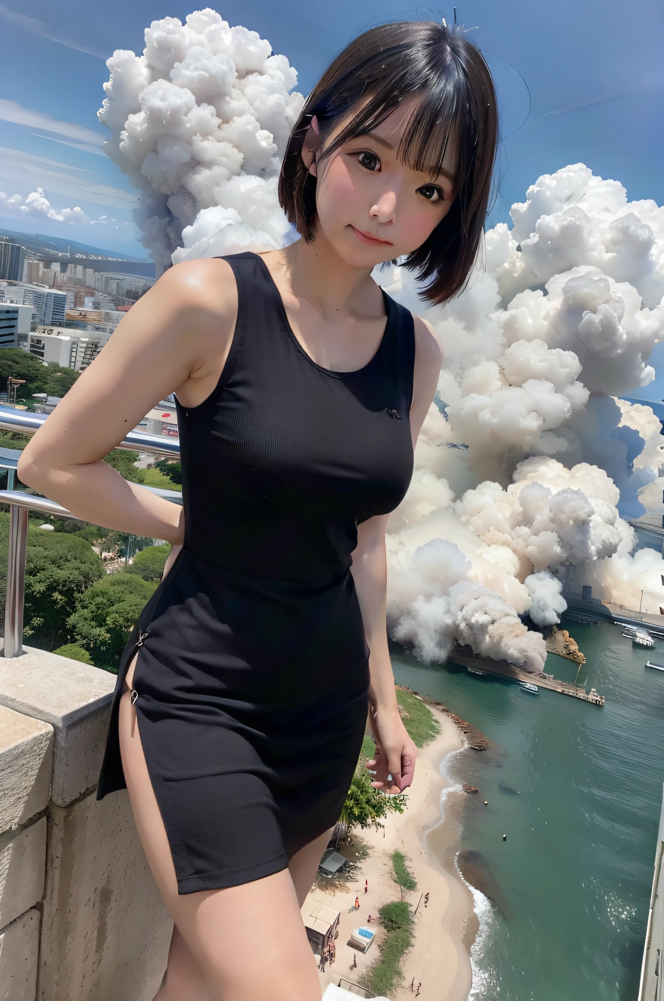 Giantess usando vestido curto de saia plissada, GTS cidade, City buildings, smoke billowing, armageddom, nuvem, realistic lighting, salto alto, de baixo,