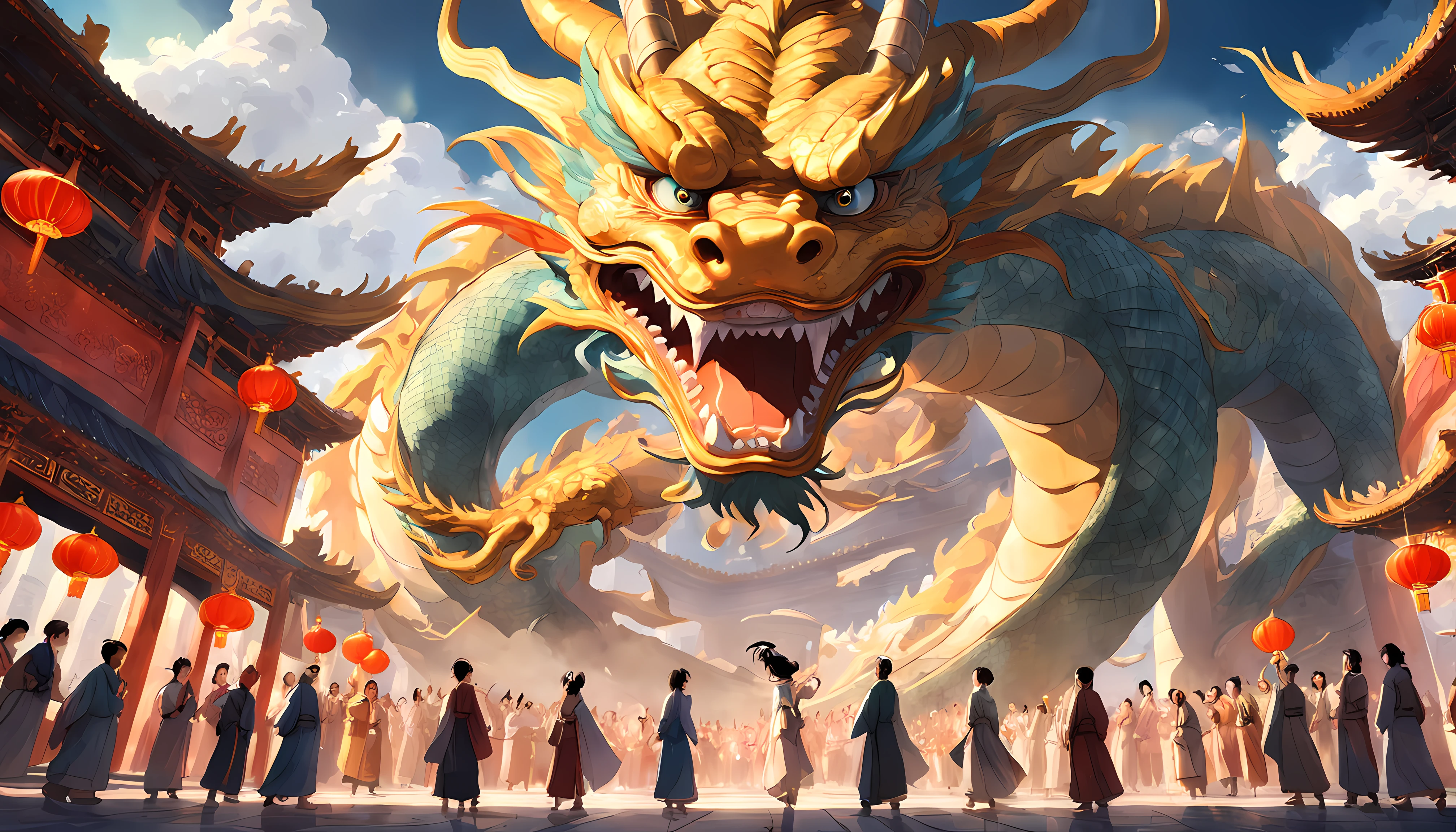 Chinese dragons soar in the sky，Goddesses dance in the bustling city under the dome，The crowd happily watched the ancient buildings up and down，The golden sun shines on everyone，Ancient Tang style，Prosperity，Cinematic texture，high-definition picture quality，A magnificent sense of déjà vu，Reasonable vista composition