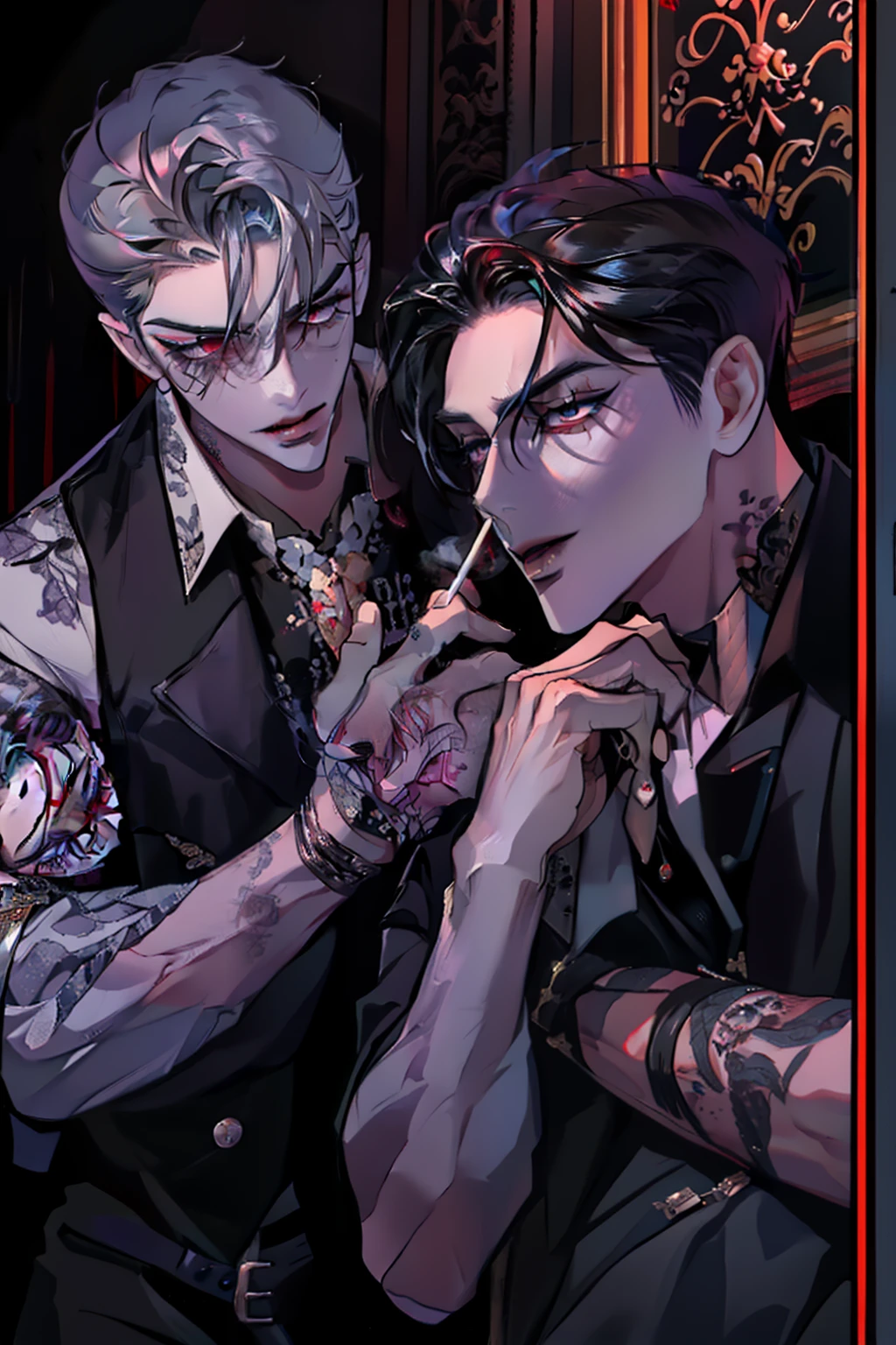 Mafia Noir Casino Gambling Bar Vampire dominant alpha gay couple macho sexy handsome demon adult men with tattoos big chest big abs slicked back hairstyle smoking red eyes charisma goth ((perfect face structure)) detailed stylized ((handsome male couple)) ((men kissing)) ((perfect eyes))