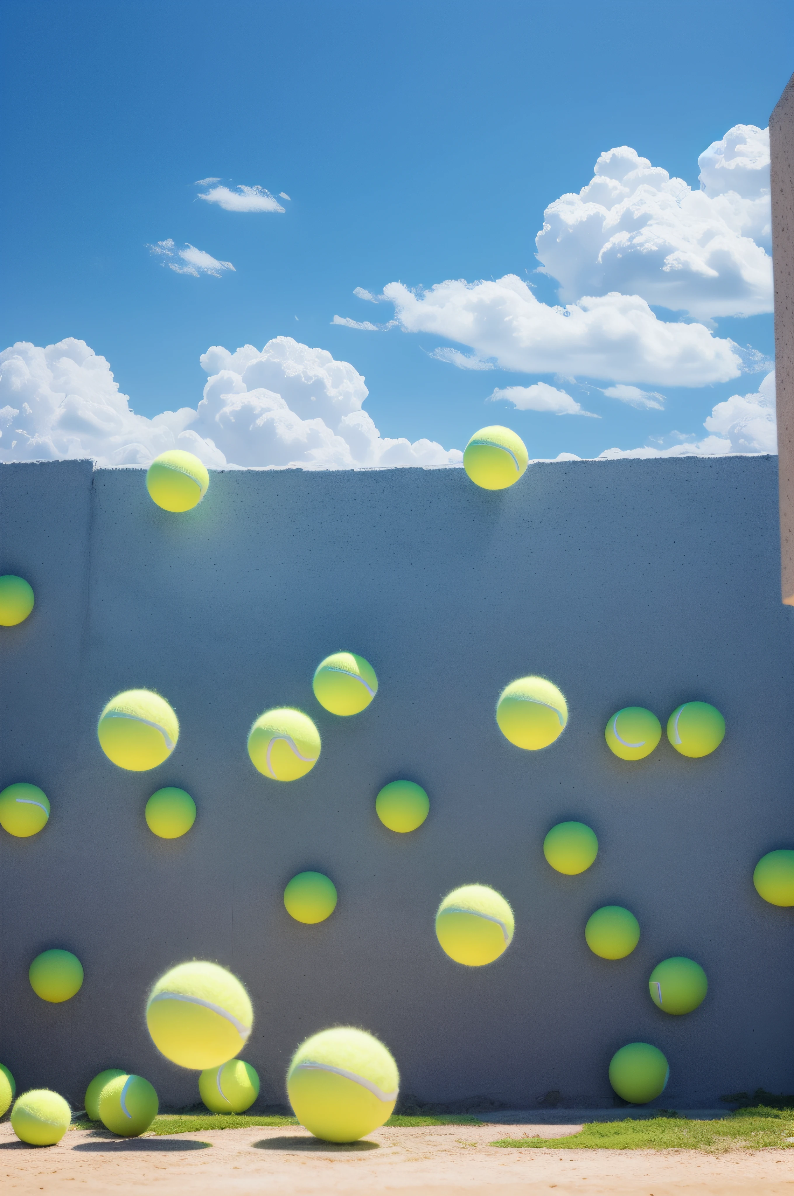 A million tennis balls fell from the sky,scenario,Surreal,k hd,Hyper-realistic,Photorealistic,intensive,Blue sky,Fill the dense picture